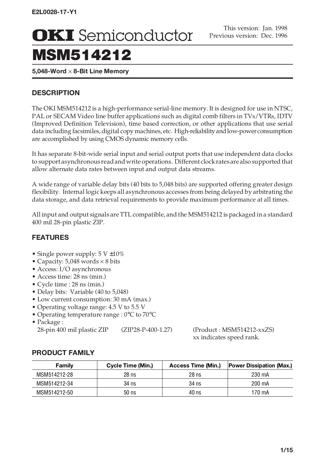 OKI MSM514212-28ZS, MSM514212-34ZS, MSM514212-50ZS Datasheet