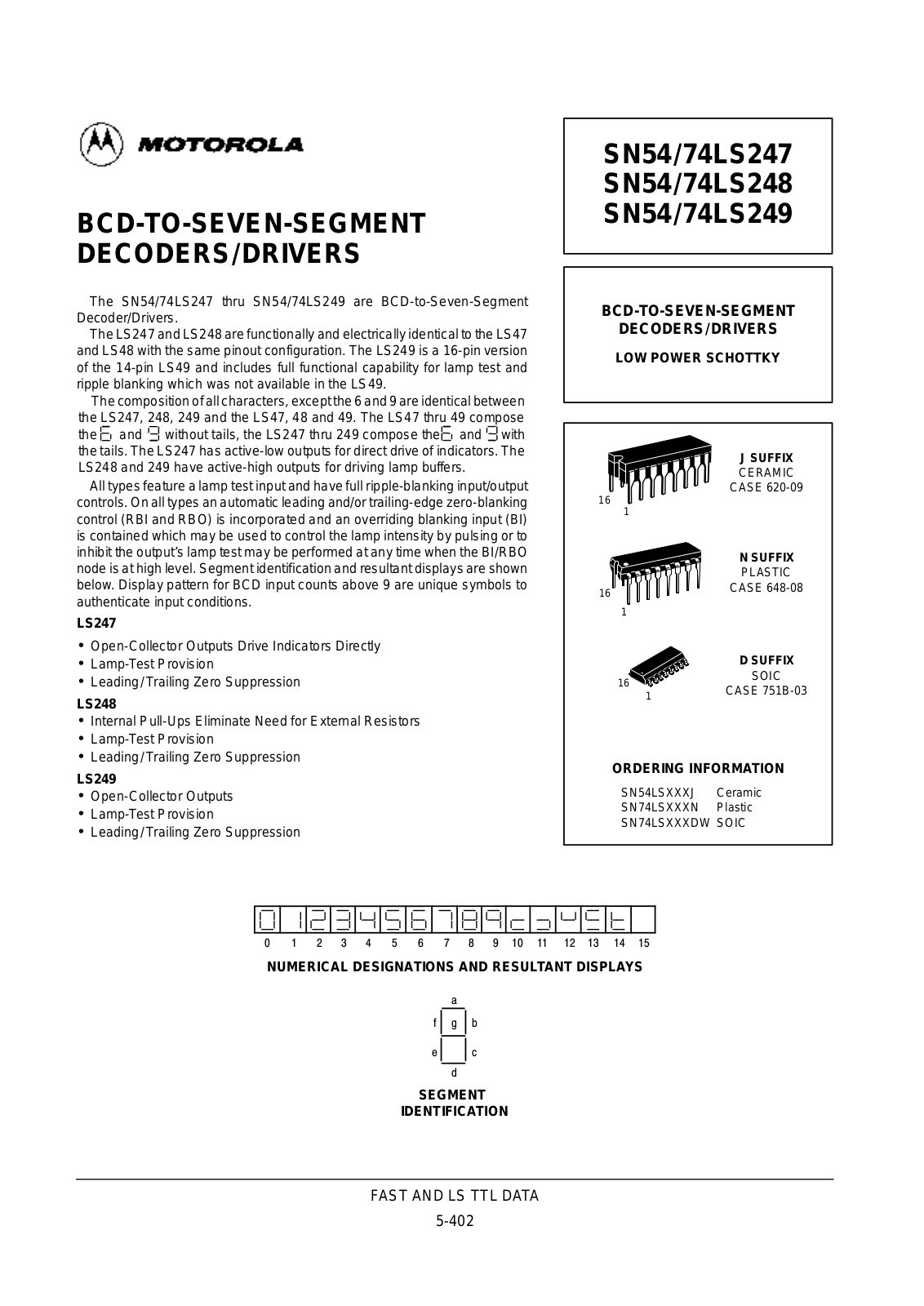 Motorola SN54LS247J, SN54LS248J, SN54LS249J, SN74LS247DW, SN74LS247N Datasheet