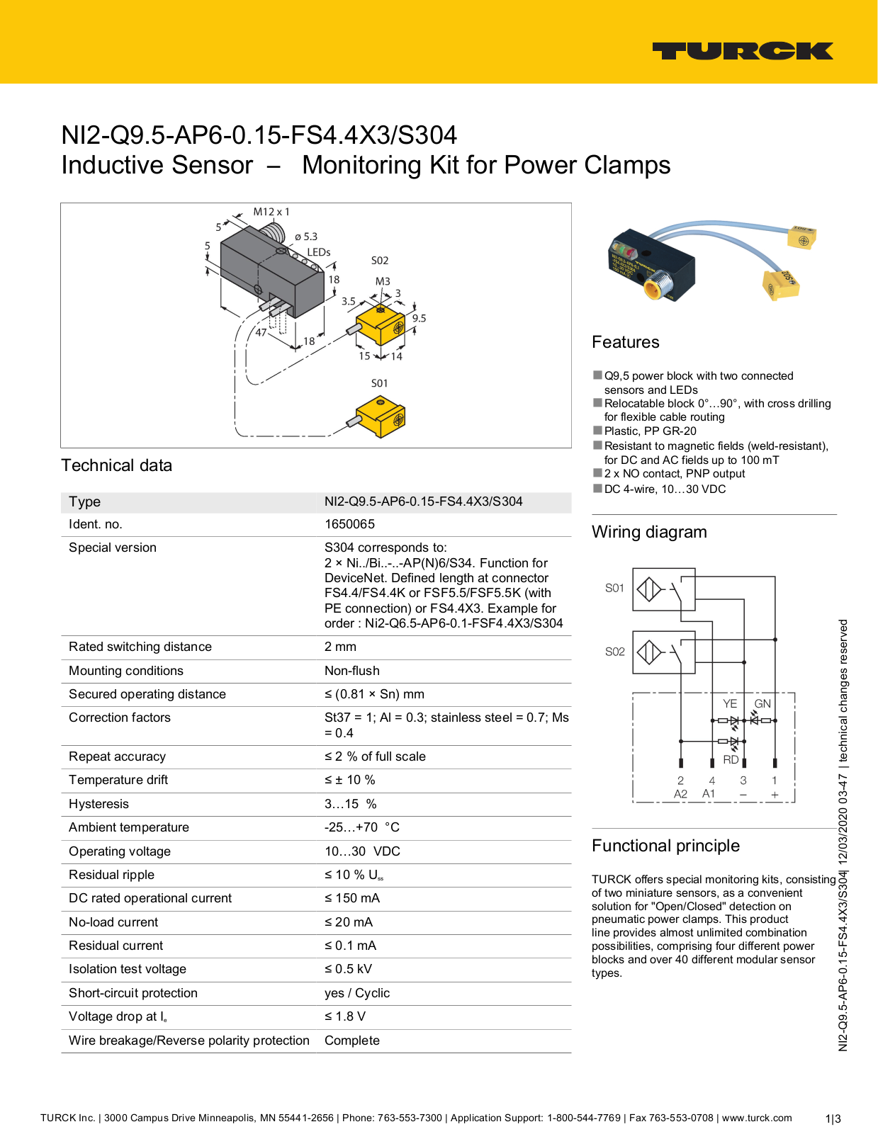 TURCK NI2-Q9.5-AP6-0.15-FS4.4X3/S304 Technical Data