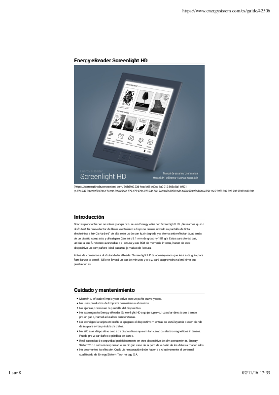 Energy Sistem eReader Screenlight HD Instruction Manual