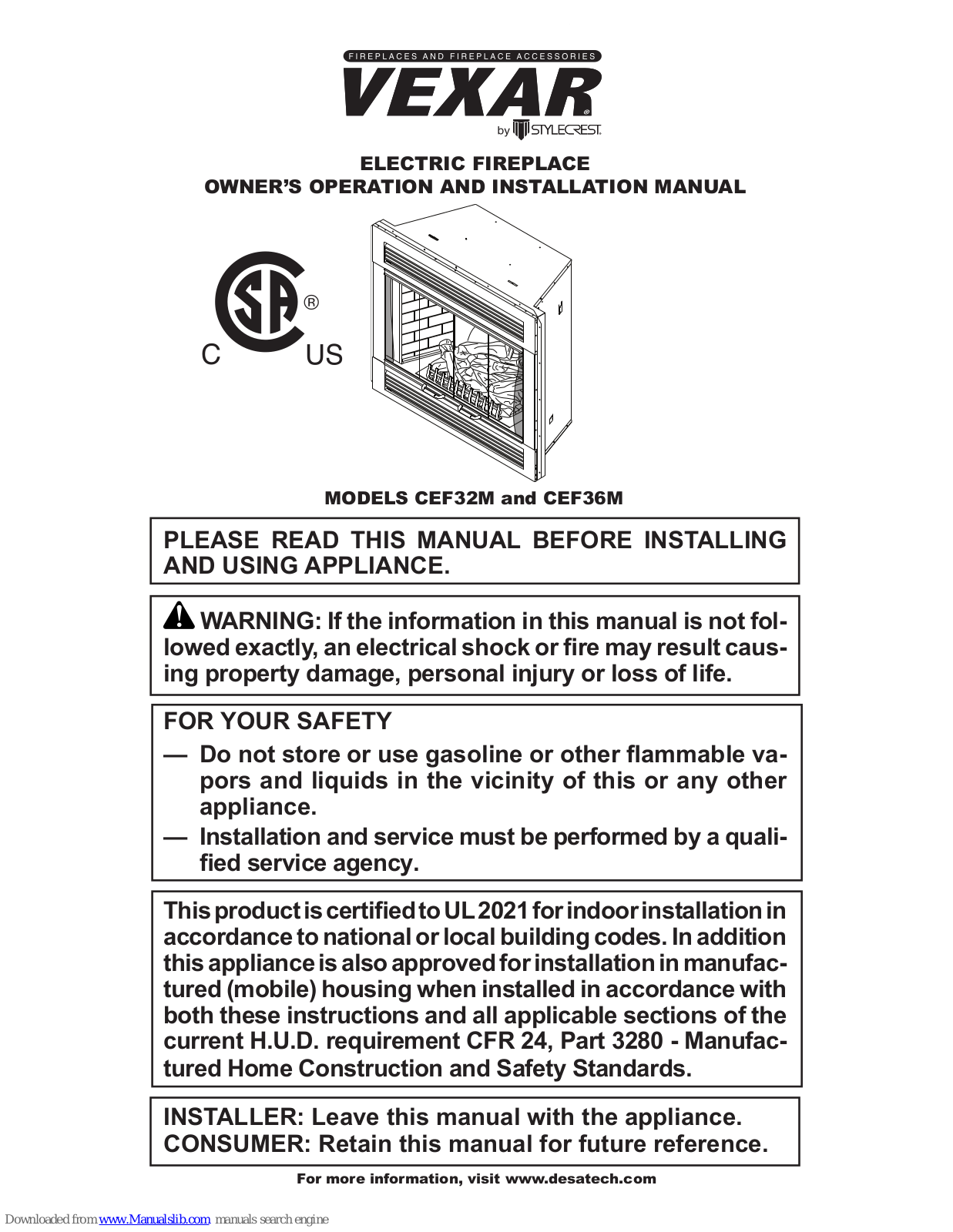 Vexar CEF32M, CEF36M Owner's Operation And Installation Manual