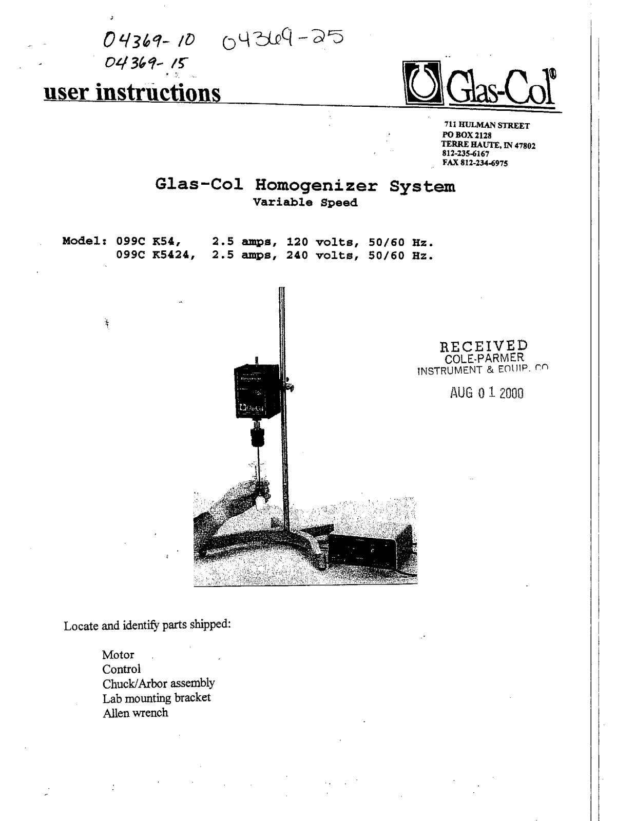 Glas-Col 099C K54, 099C K5424 Instruction Manual