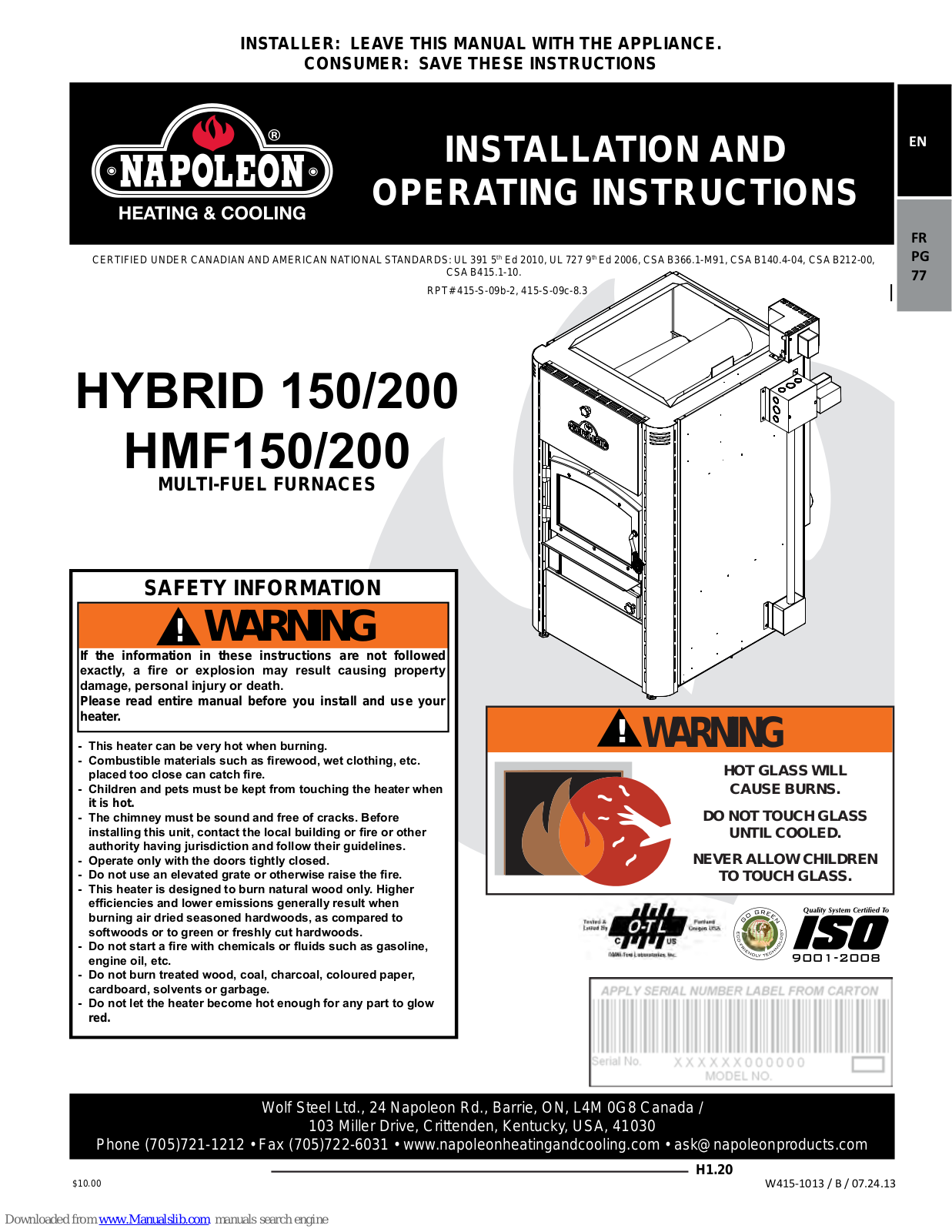 Napoleon Hybrid HMF200, Hybrid HMF150 Installation And Operating Instruction