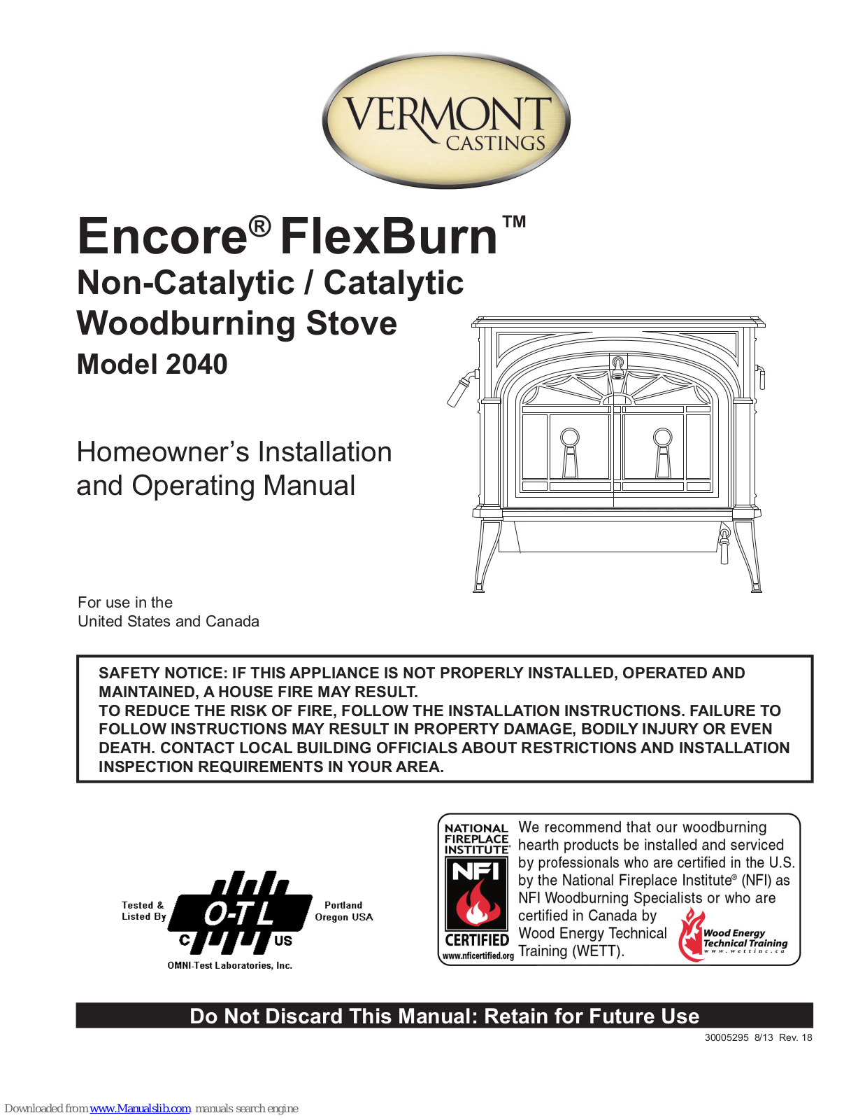 Vermont Castings Encore Flexburn 2040 Homeowner's Installation And Operating Manual