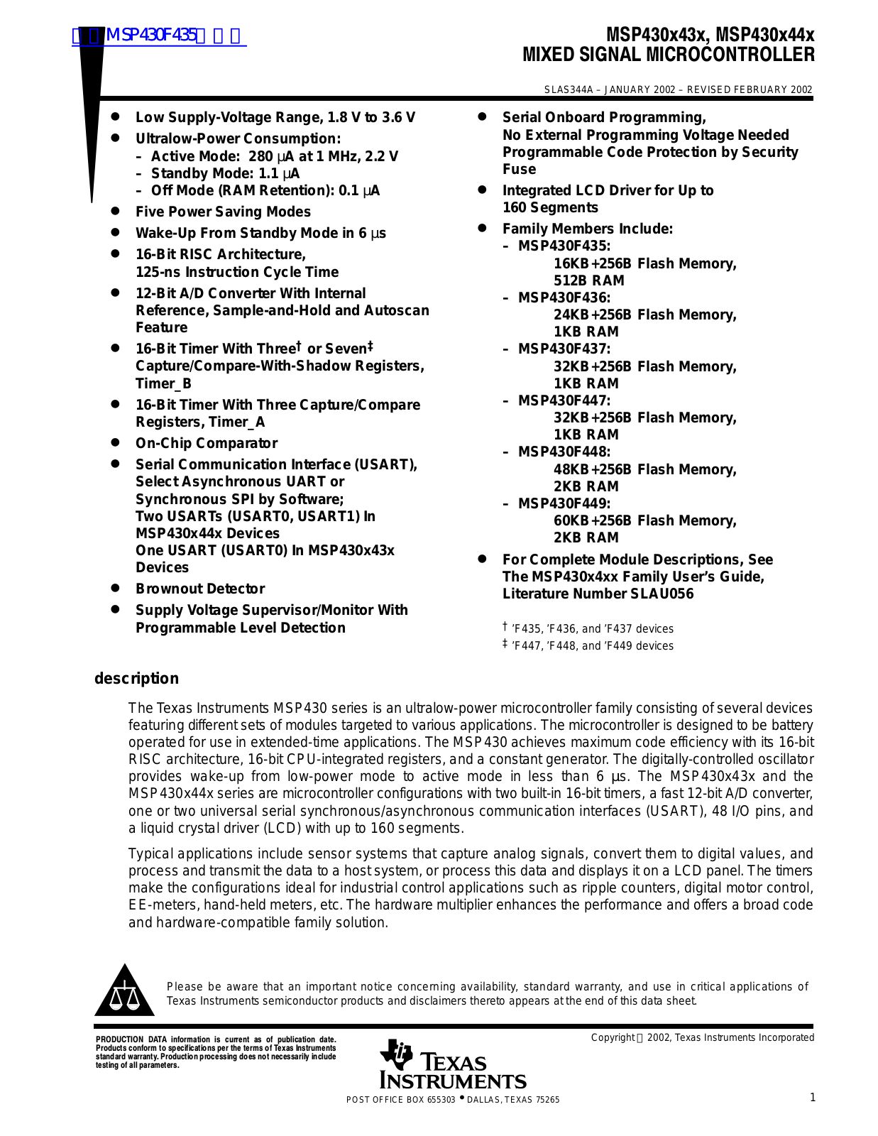 TEXAS INSTRUMENTS MSP430X43X Technical data