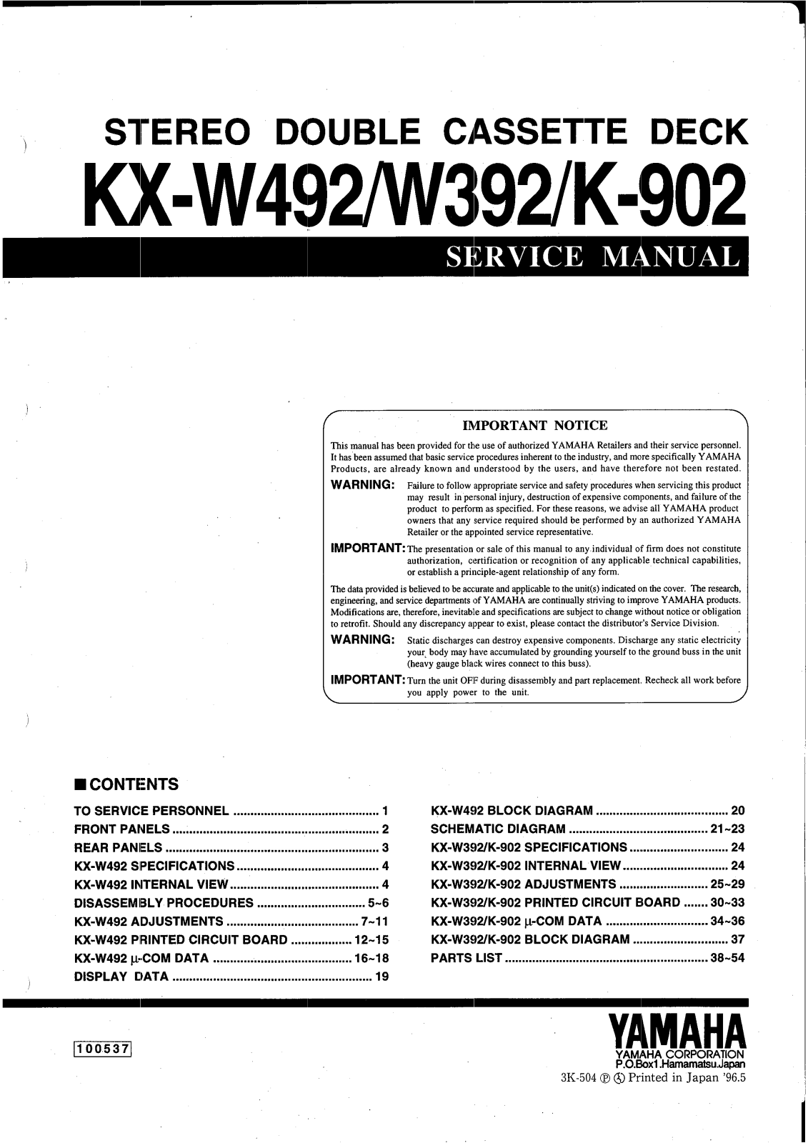 Yamaha KXK-902, KXW-392, KXW-492 Service manual