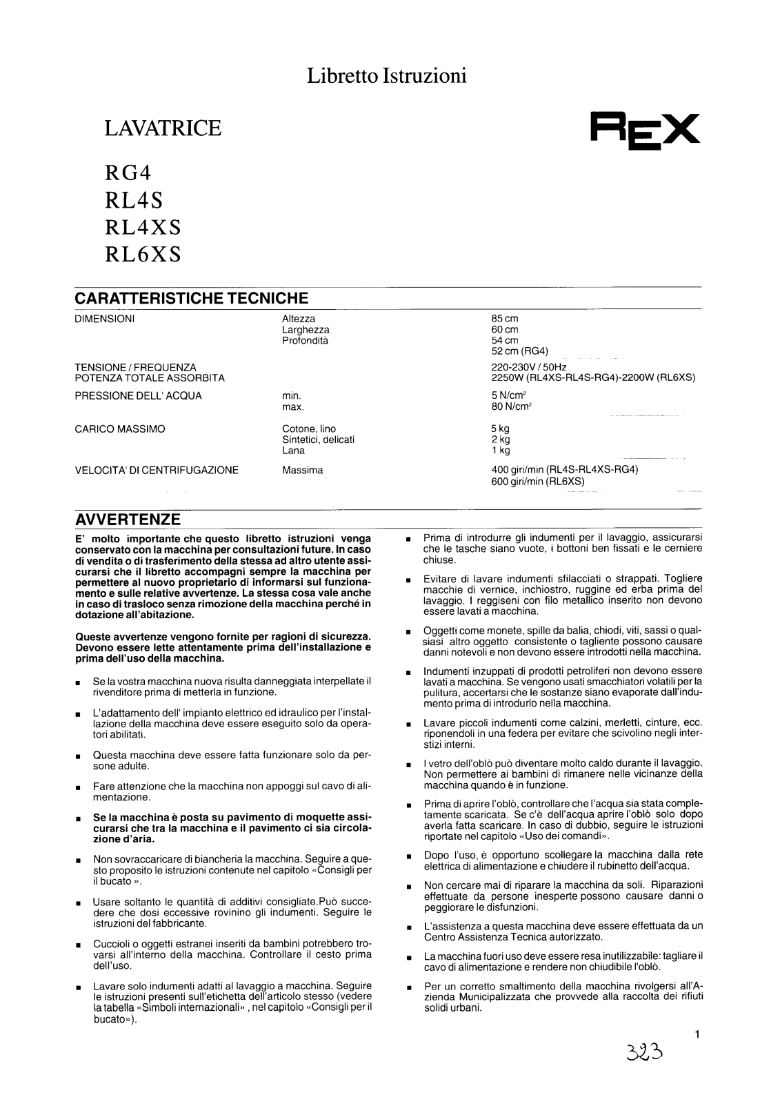 Rex RL4XS, RL4S, RG4, RL6XS User Manual