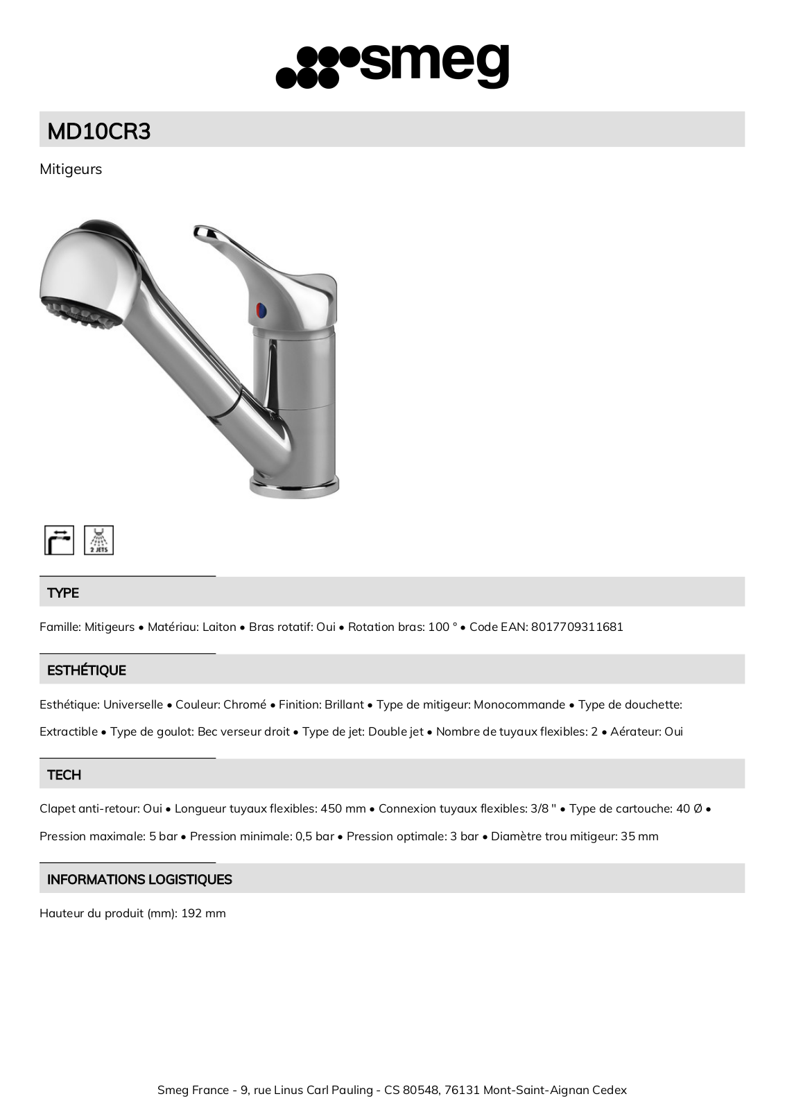 Smeg MD10CR3 Product Information Sheet