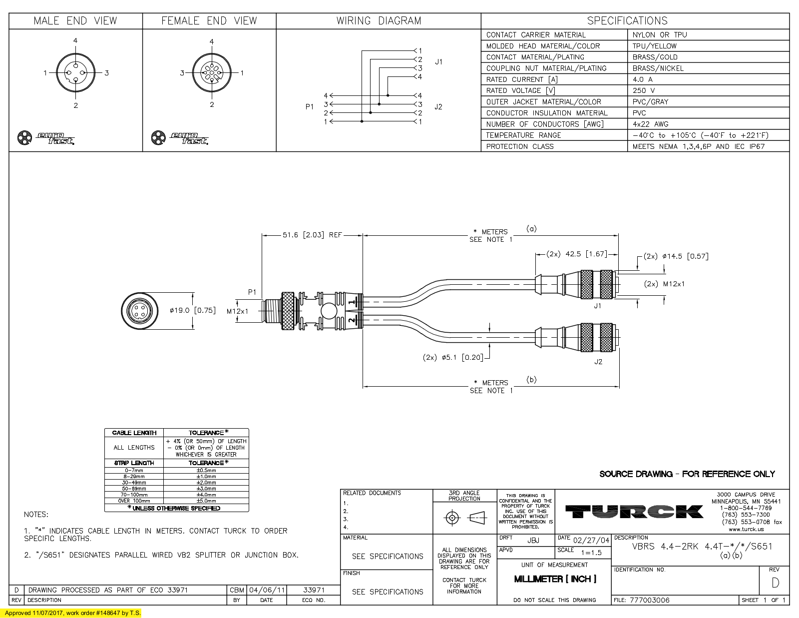 Turck VBRS4.4-2RK4.4T-1/1/S651 Specification Sheet