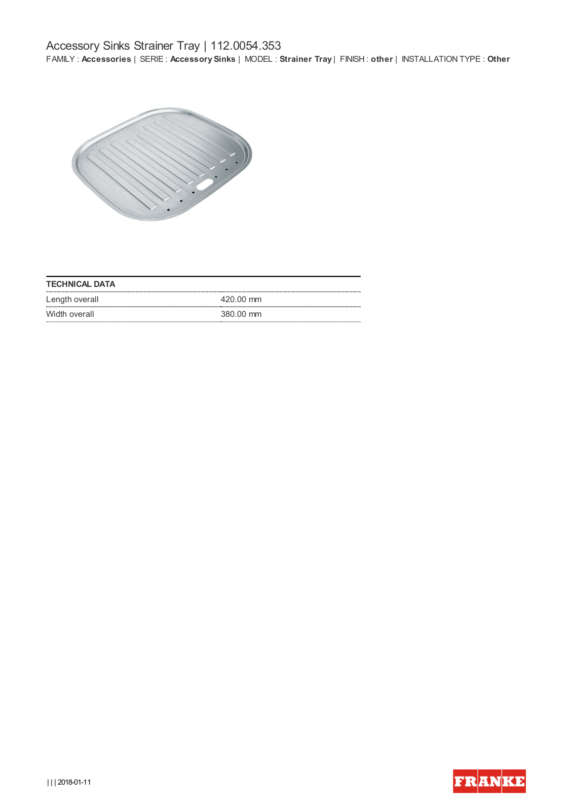 Franke DT353 Specifications Sheet