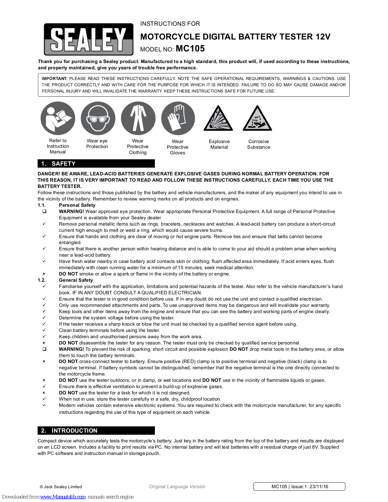 Sealey MC105 Instructions For Use Manual