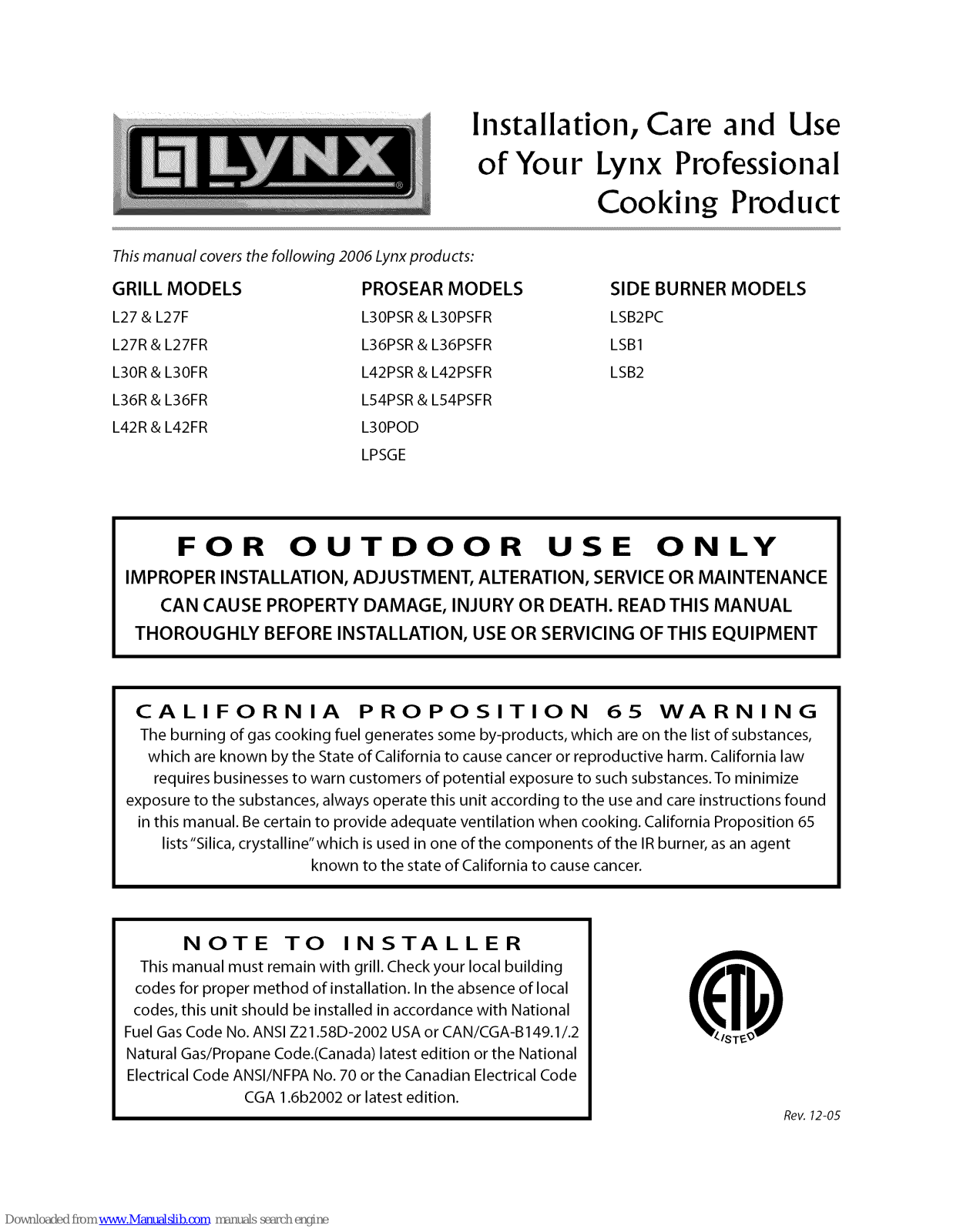 Lynx LPSGE, LSB2PC, LSB1, LSB2, L27F Installation, Care & Use Manual