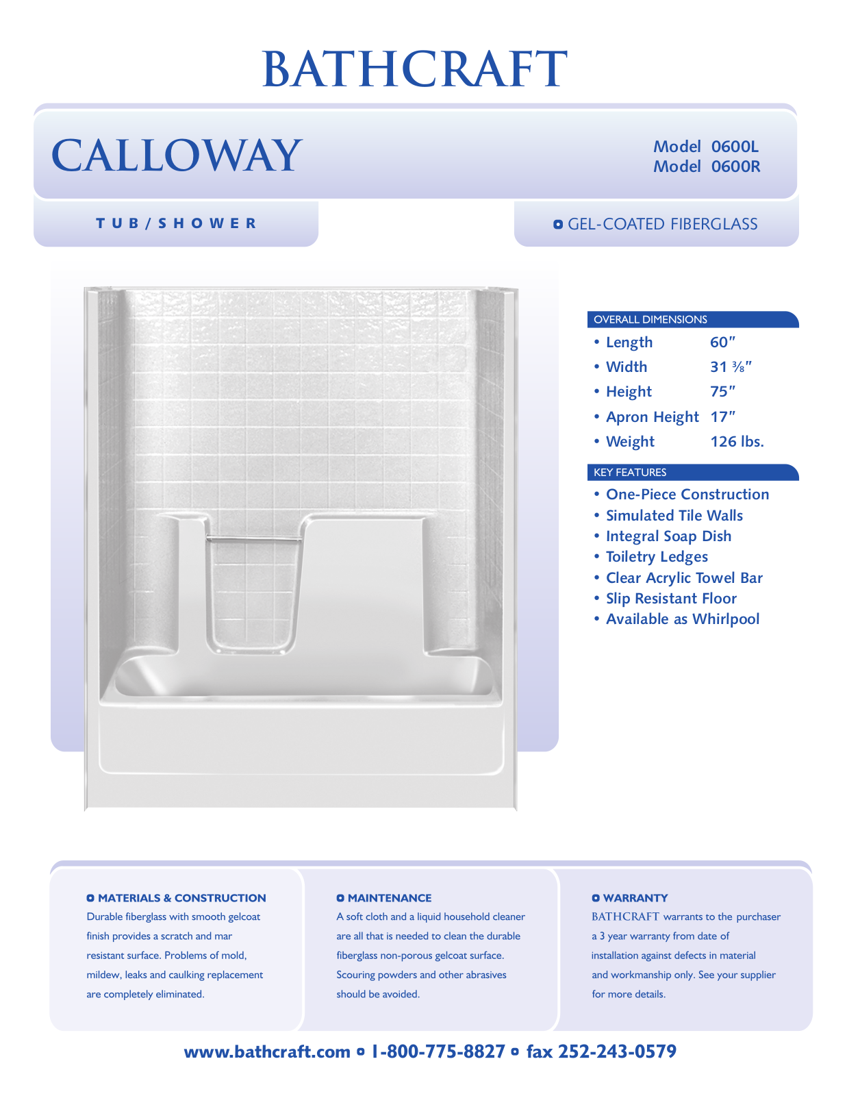 Bathcraft 0600L, 0600R User Manual