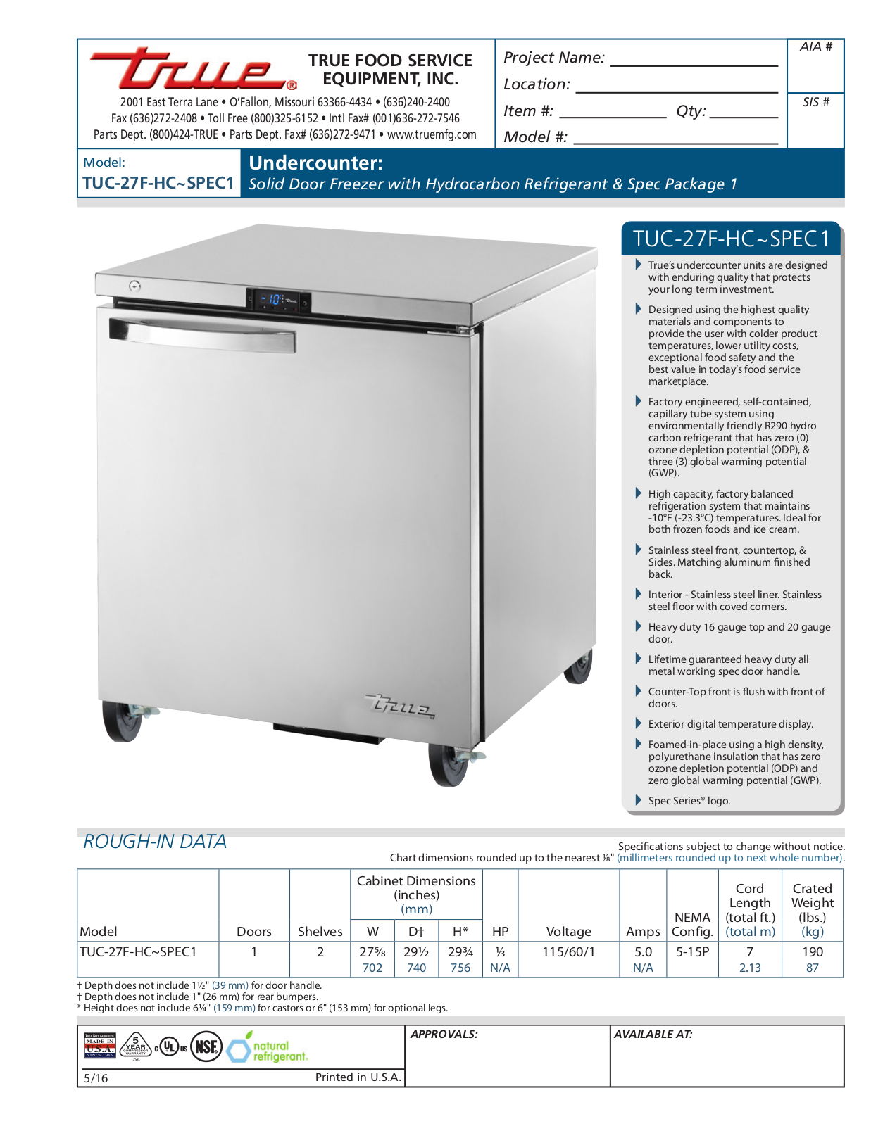 True TUC-27F-HC User Manual