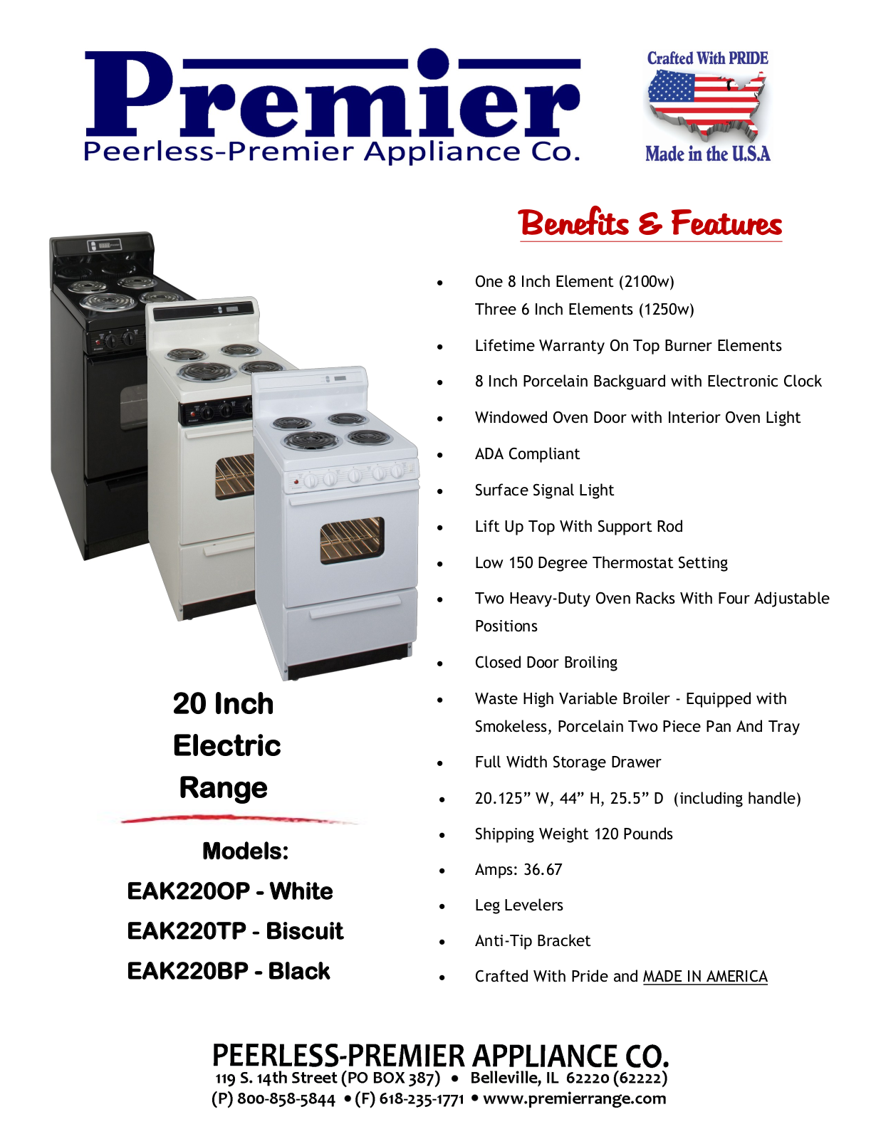 Premier EAK220OP, EAK220BP Specifications - ManualMachine.com
