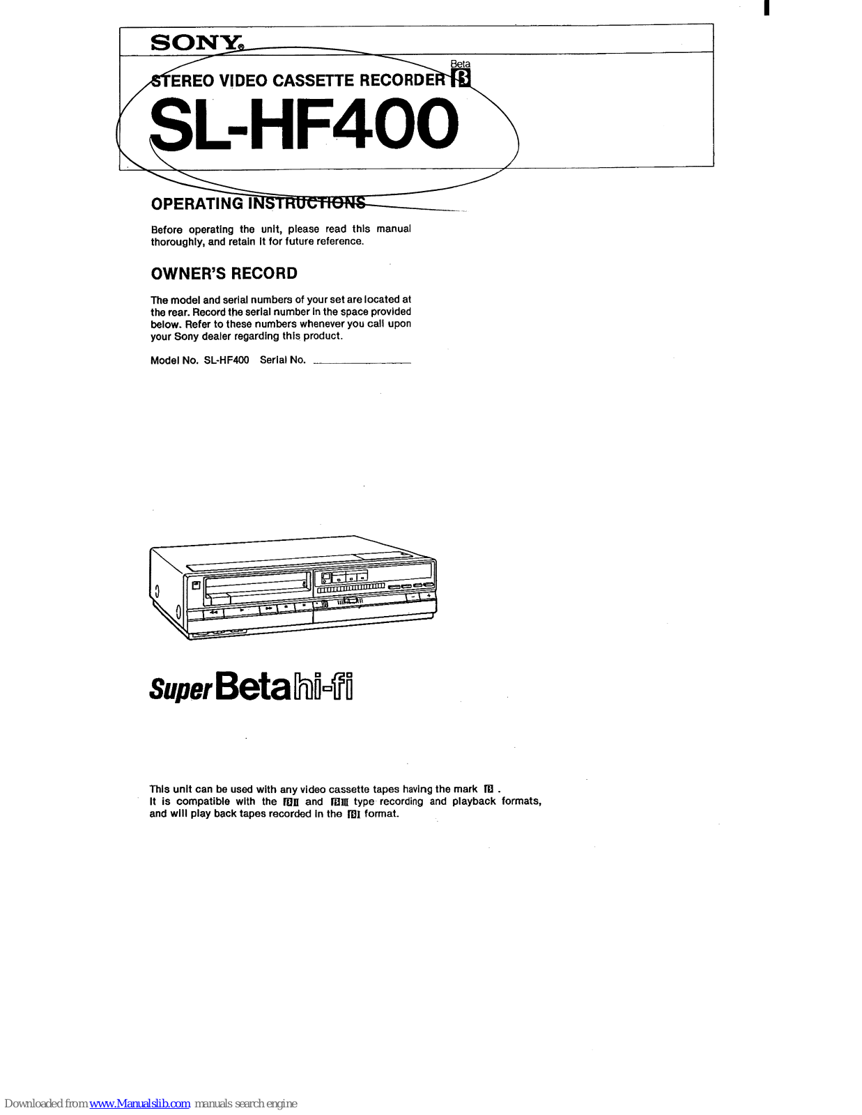 Sony Super Beta Hi-Fi SL-HF400 Operating Instructions Manual