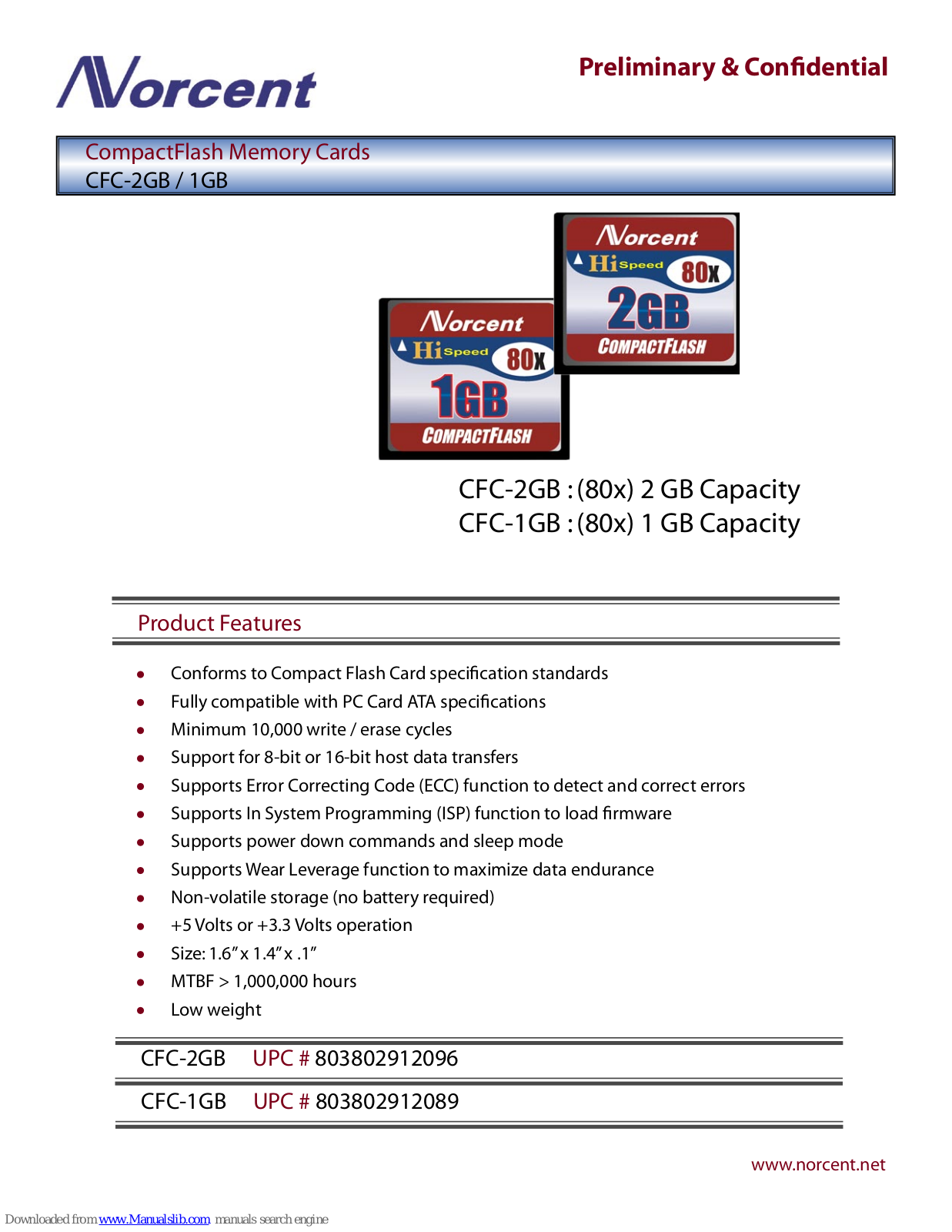 Norcent CompactFlash Memory Cards CFC-2GB / 1GB, CompactFlash CFC-2GB, CompactFlash CFC-1GB Specification Sheet - ManualMachine.com
