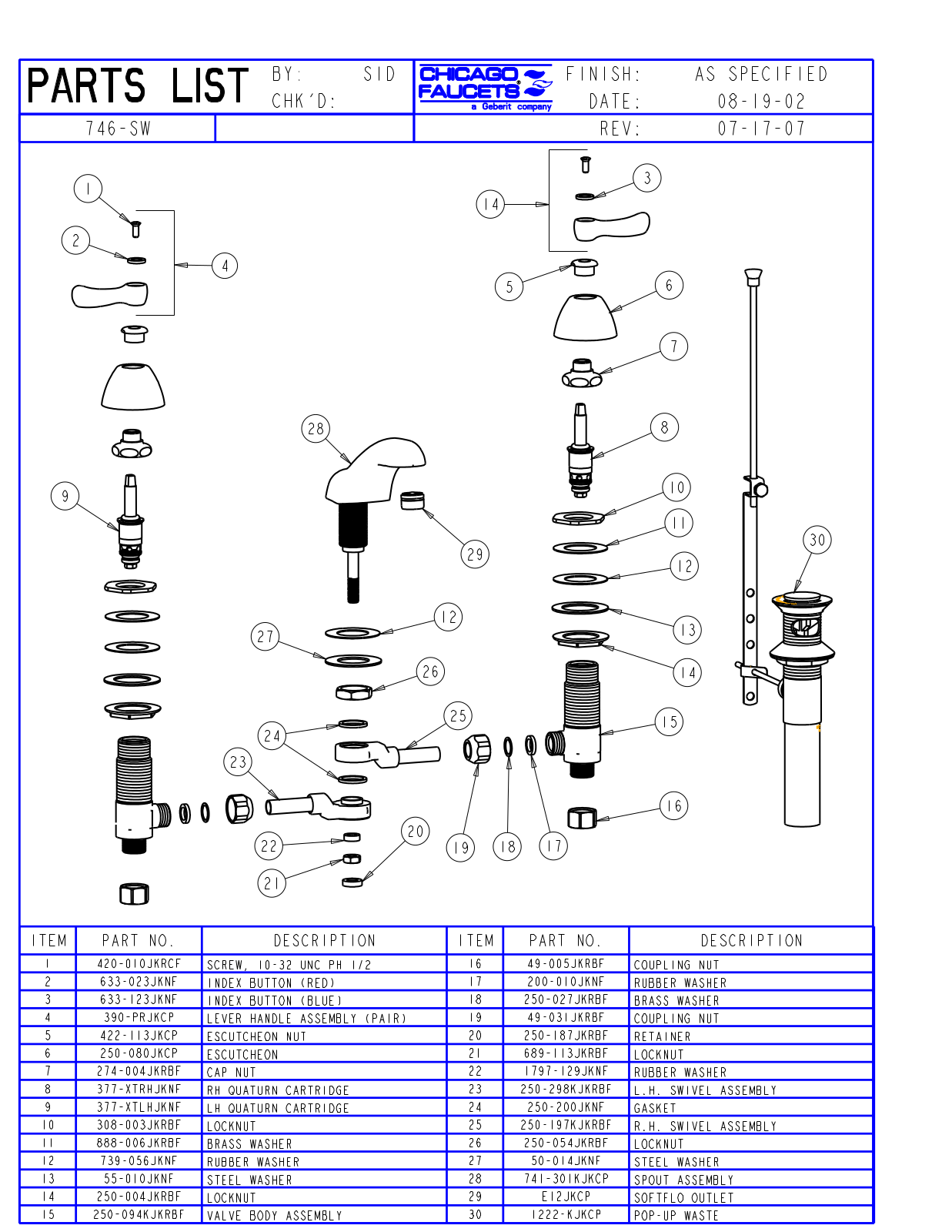 Chicago Faucet 746-SW Parts List