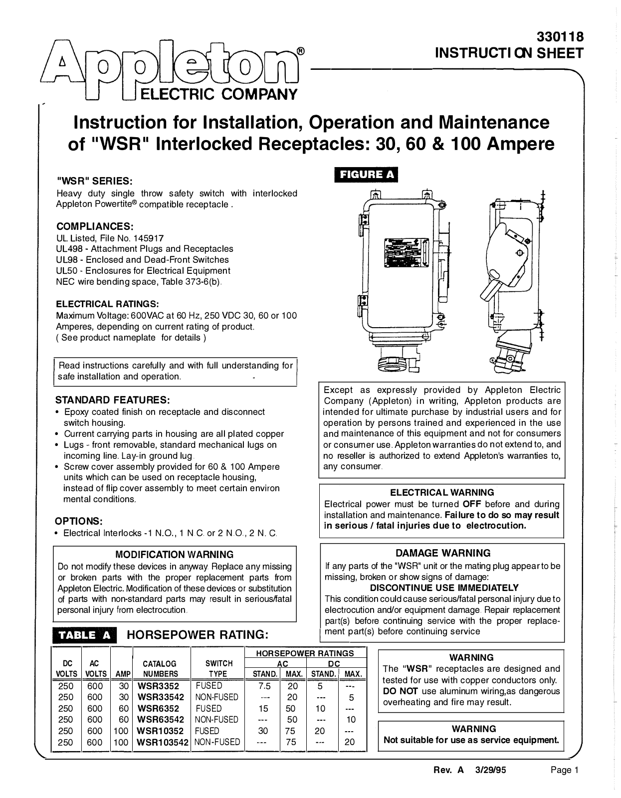 Appleton WSR Instruction Sheet