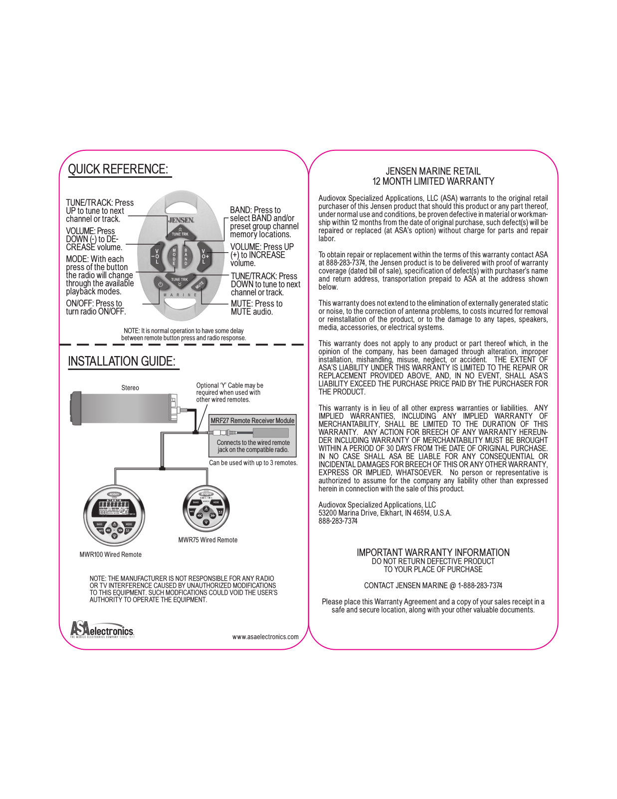 Jensen VOYAGER MRF27RTL User Manual