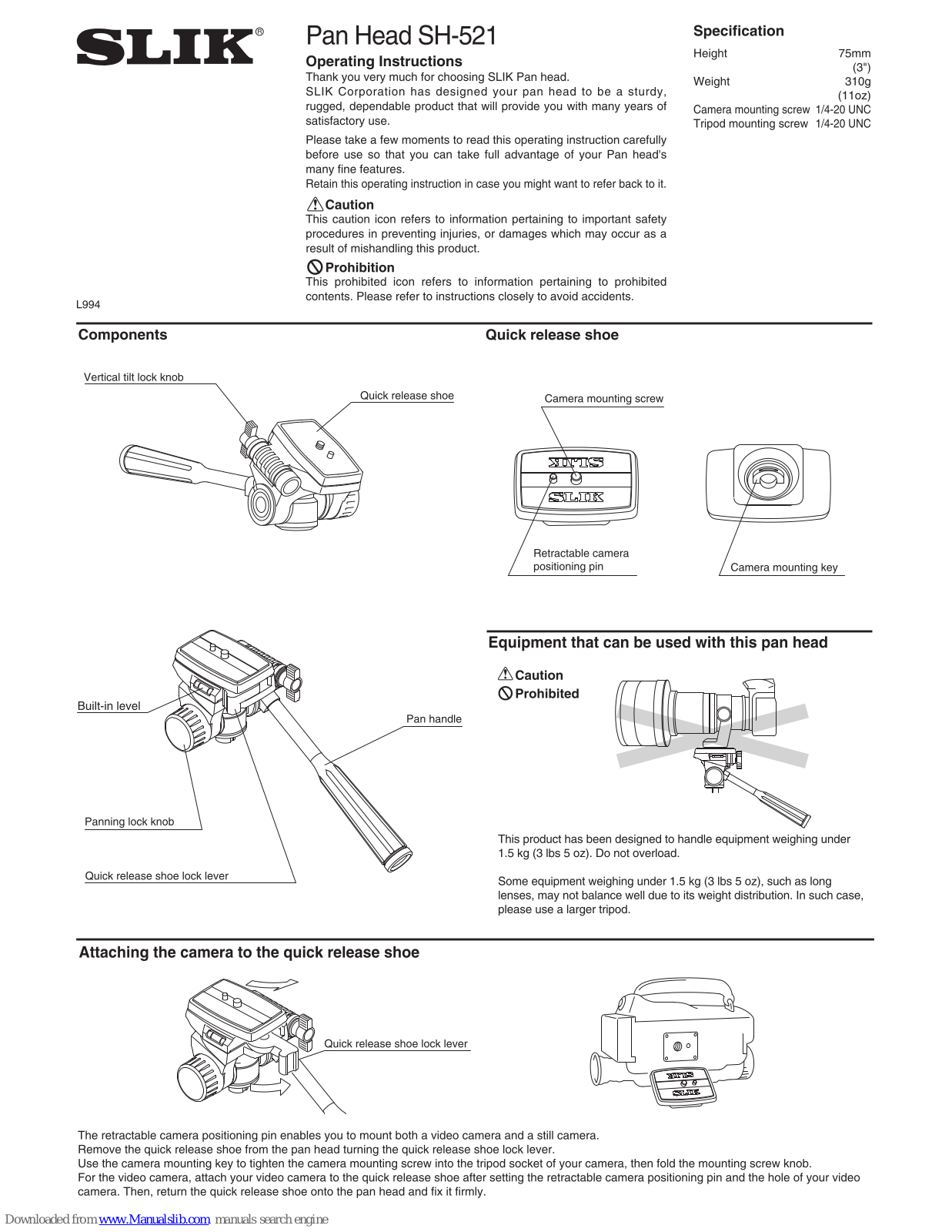 SLIK Pan Head SH-521 Operating Instructions Manual - ManualMachine.com