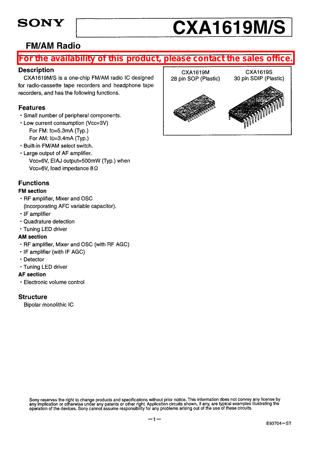 Sony CXA1619M, CXA1619S Datasheet