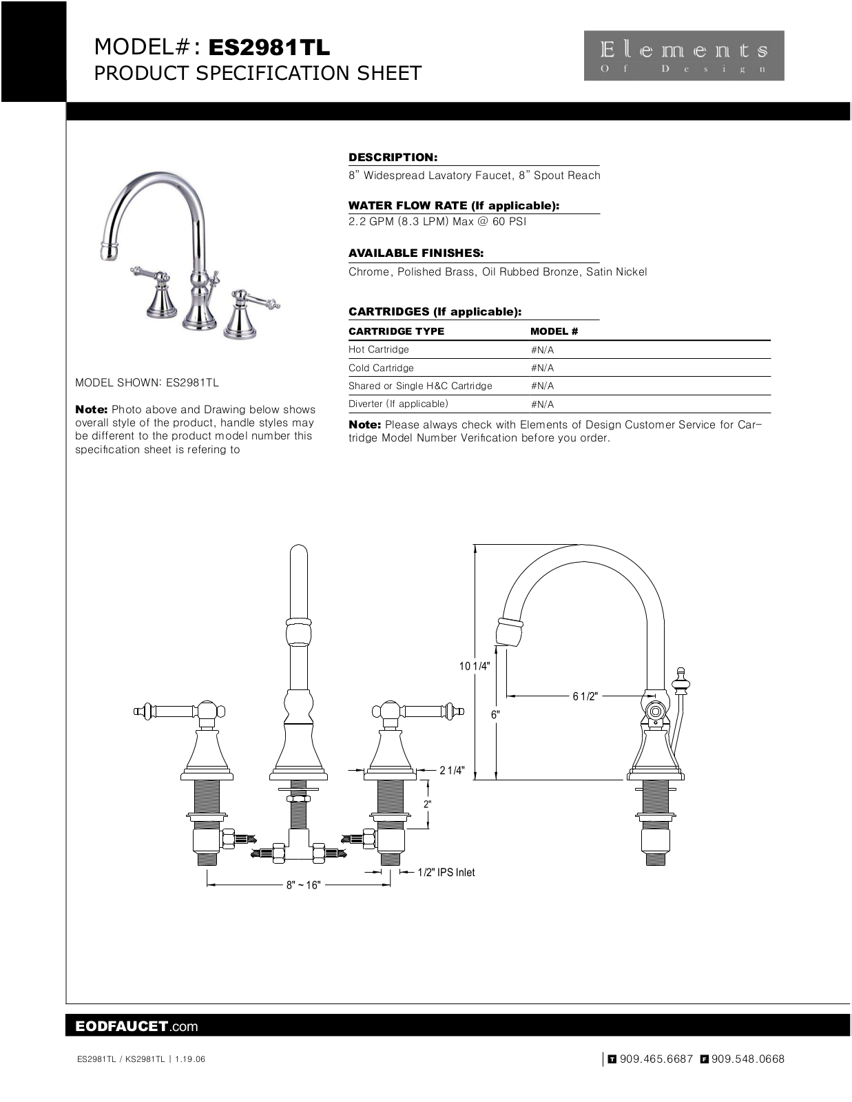 Elements of Design EDE1132 Specification Sheet - ManualMachine.com