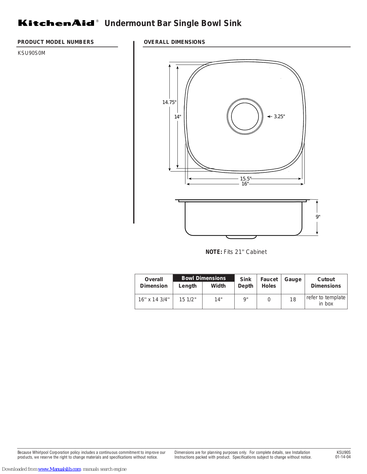 KitchenAid KSU90S0M, KSU90S0MLL DIM Dimension Manual