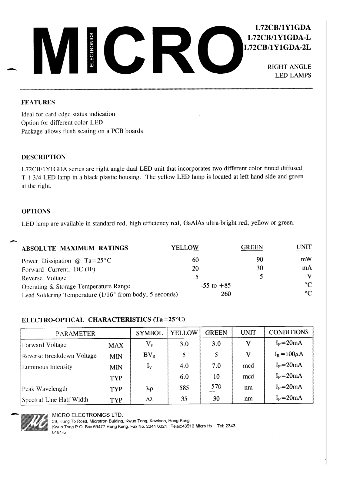 MICRO L72CB1Y1GDA-2L, L72CB1Y1GDA, L72CB1Y1GDA-L Datasheet