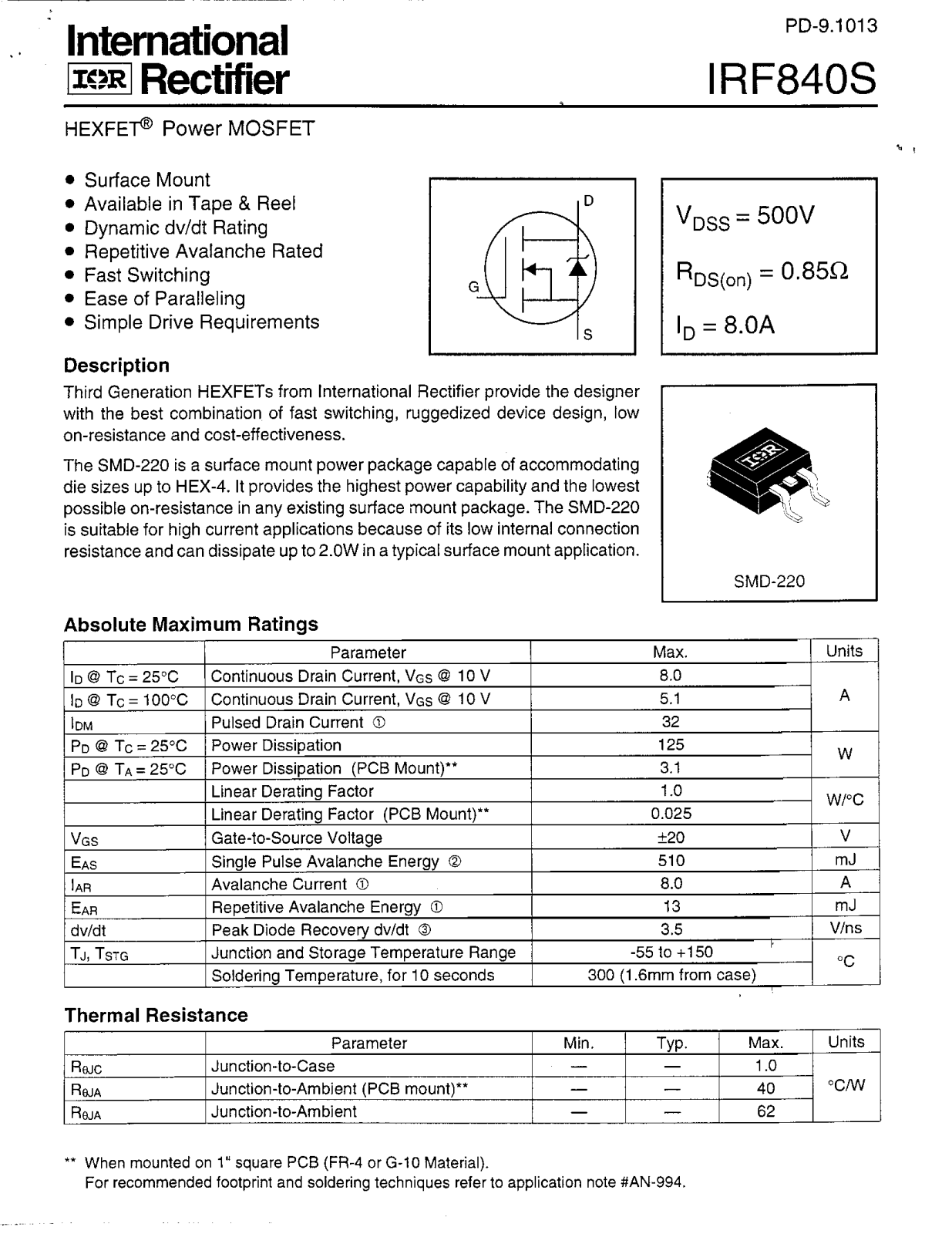 International Rectifier IRF840S Datasheet