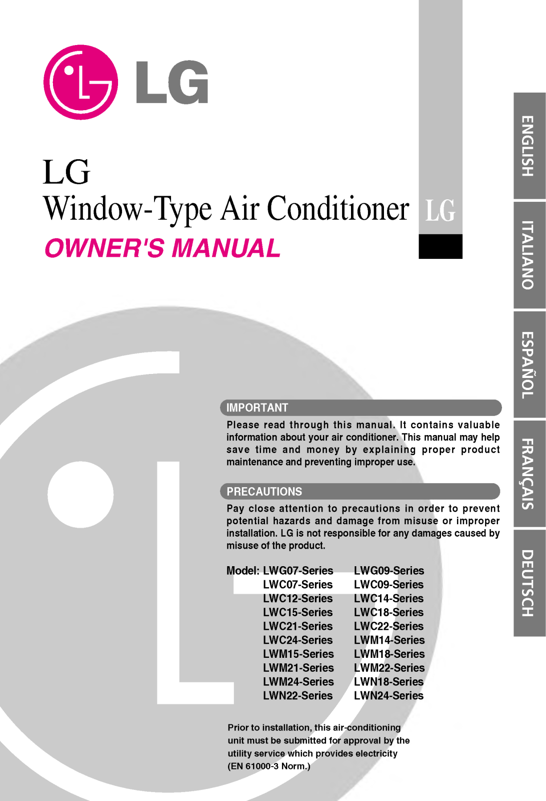 Lg LWC1262PHG, LWM1863QCG, LWG0761PCG, LWG0761PHG, LWN2262QHG owners manual