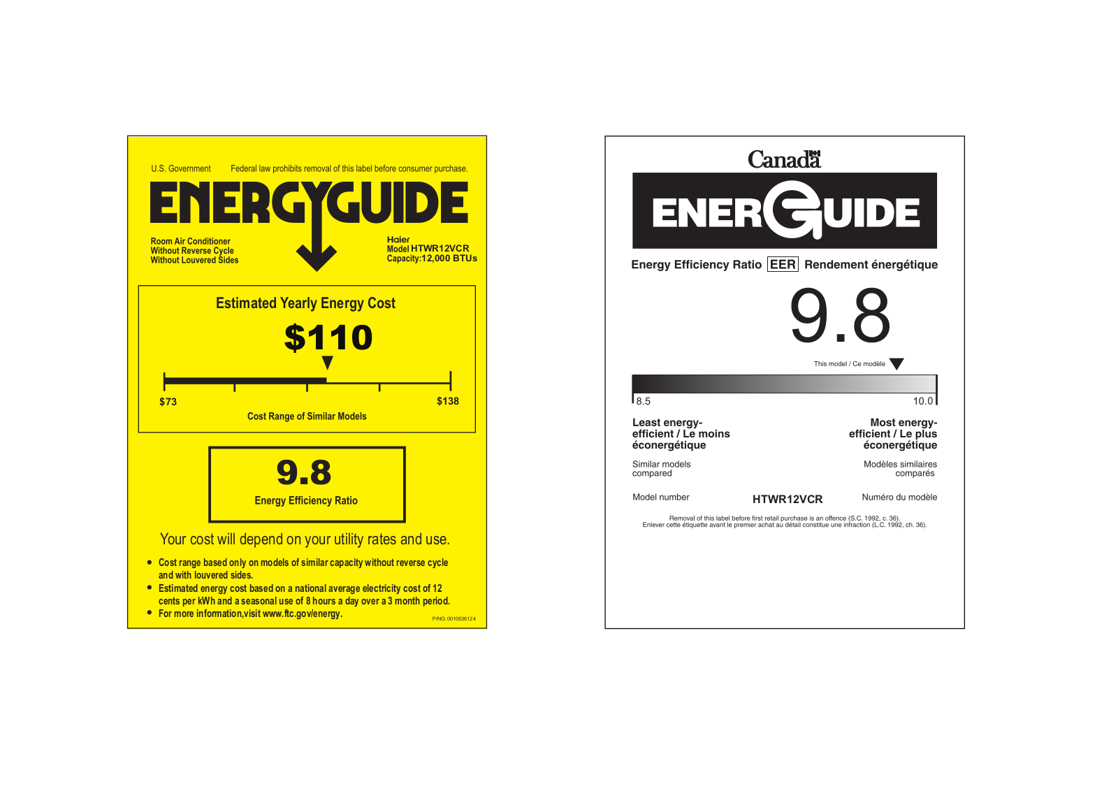 Haier HTWR12VCR Energy Guide