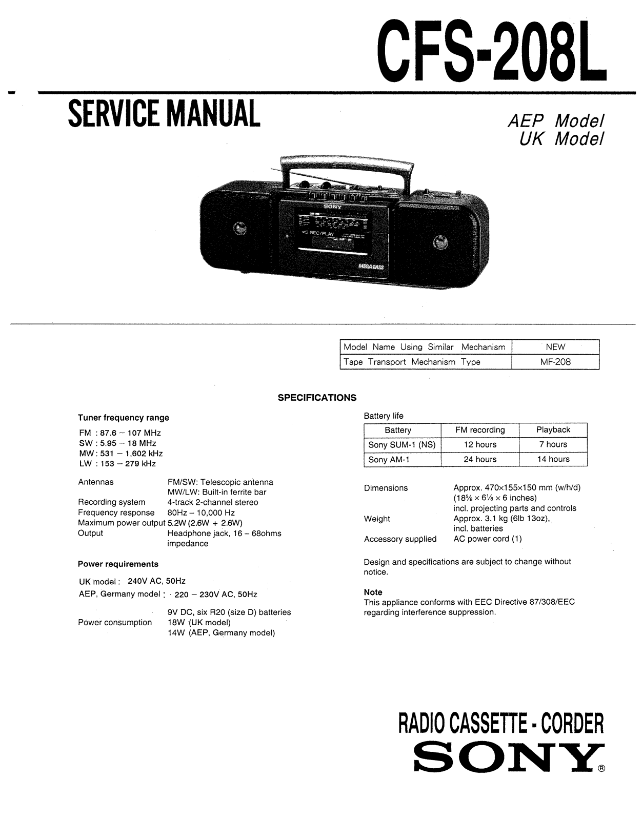 Sony CFS-208-L Service manual