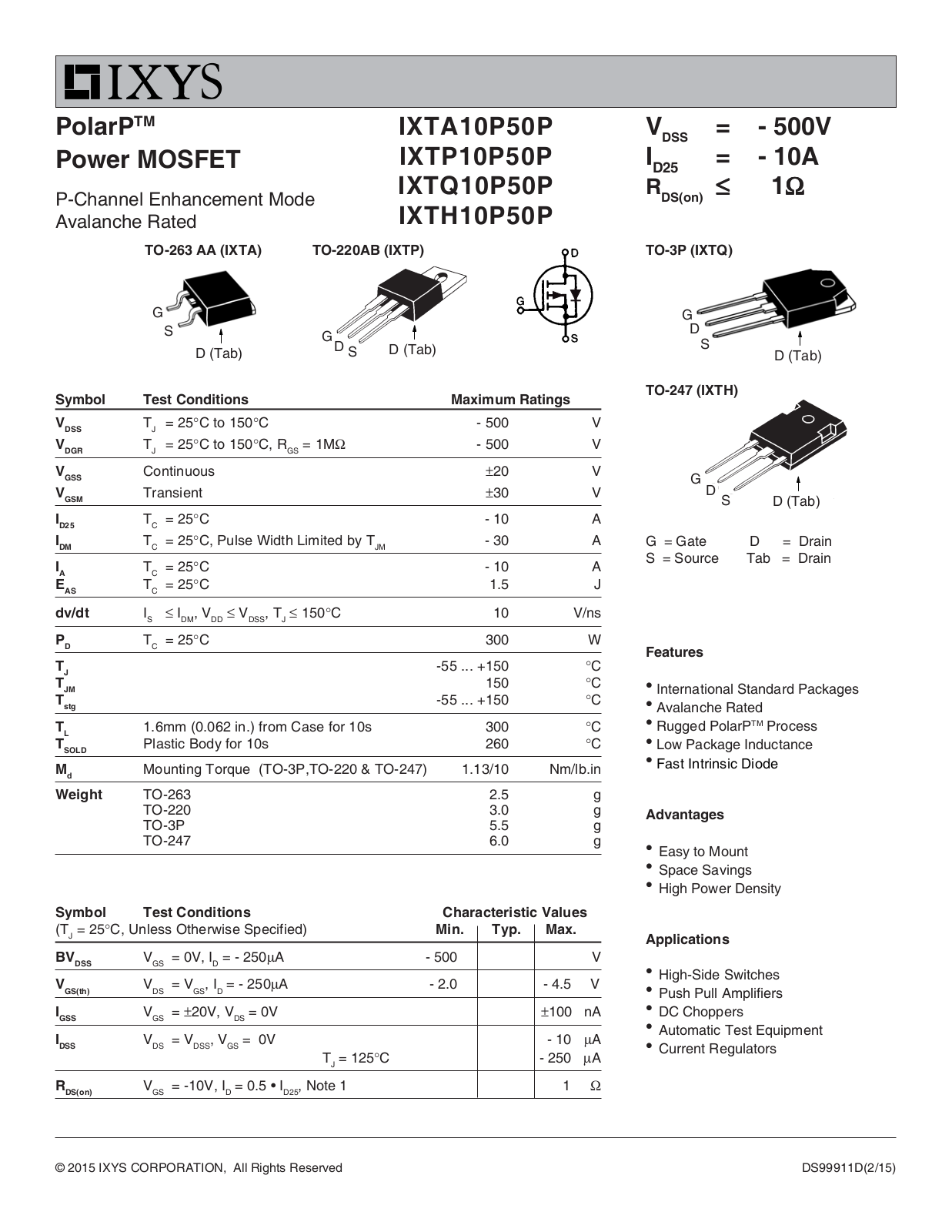 Datasheet IXTP10P50P Specification - ManualMachine.com