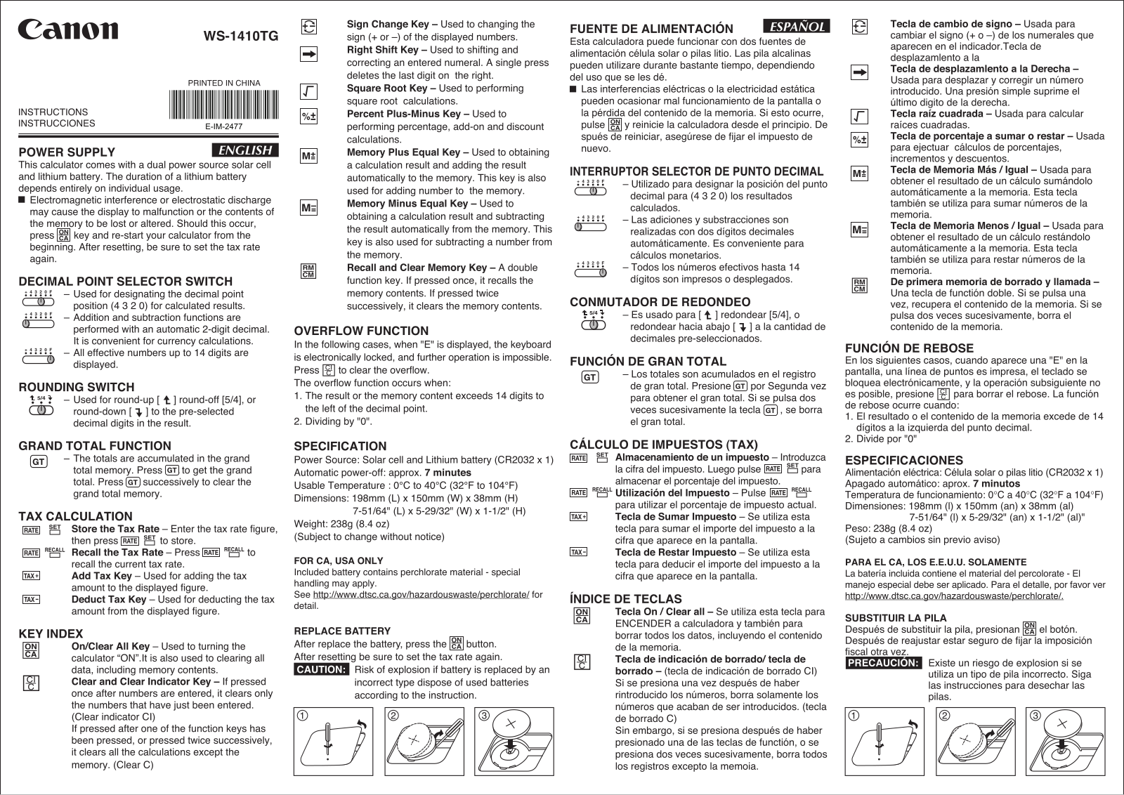 Canon WS-1410TG Owner's Manual