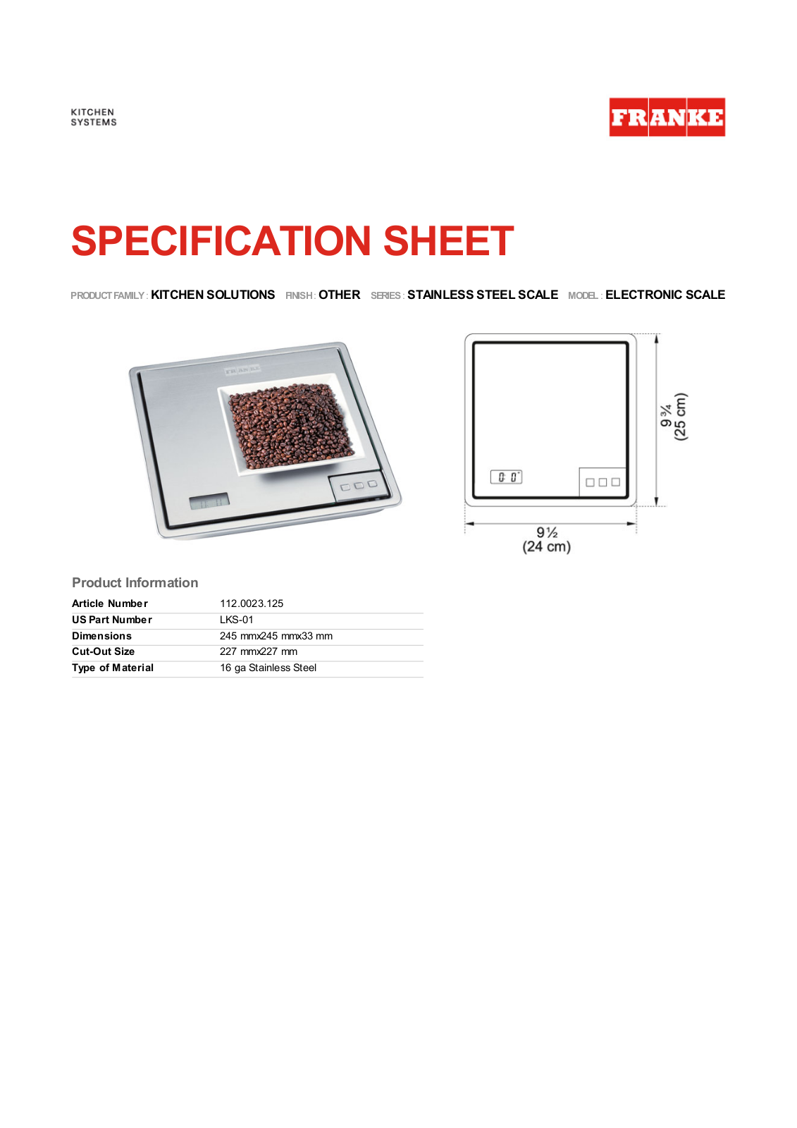 Franke Foodservice ELECTRONIC SCALE Specification