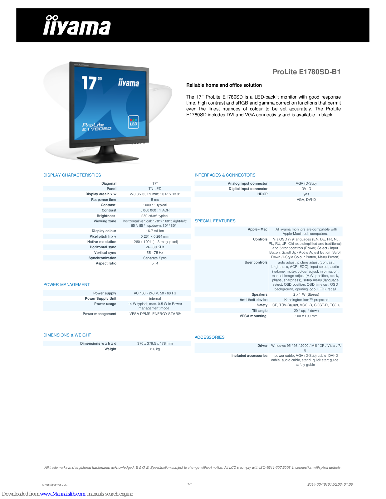 Iiyama ProLite E1780SD-B1, ProLite E1780SD Specifications