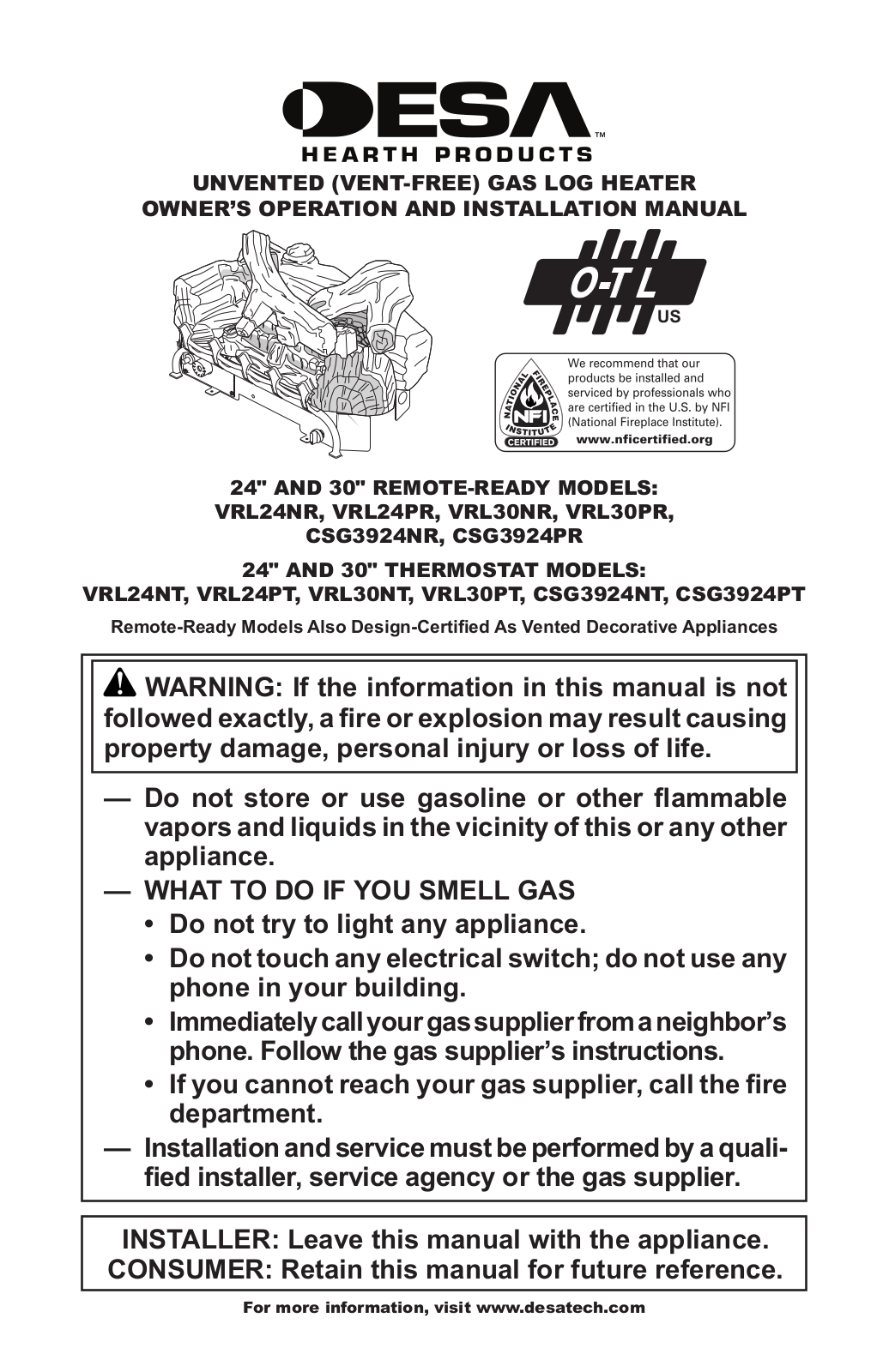 Desa VSG3924NR Owner's Manual