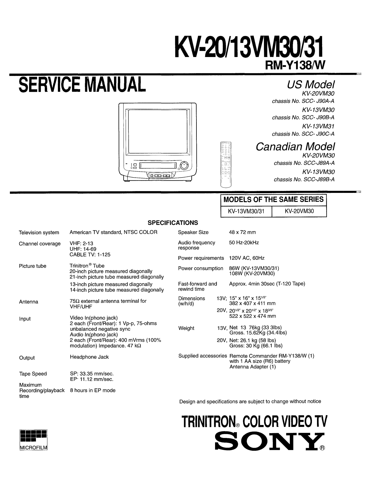 SONY KV20VM30 Service Manual