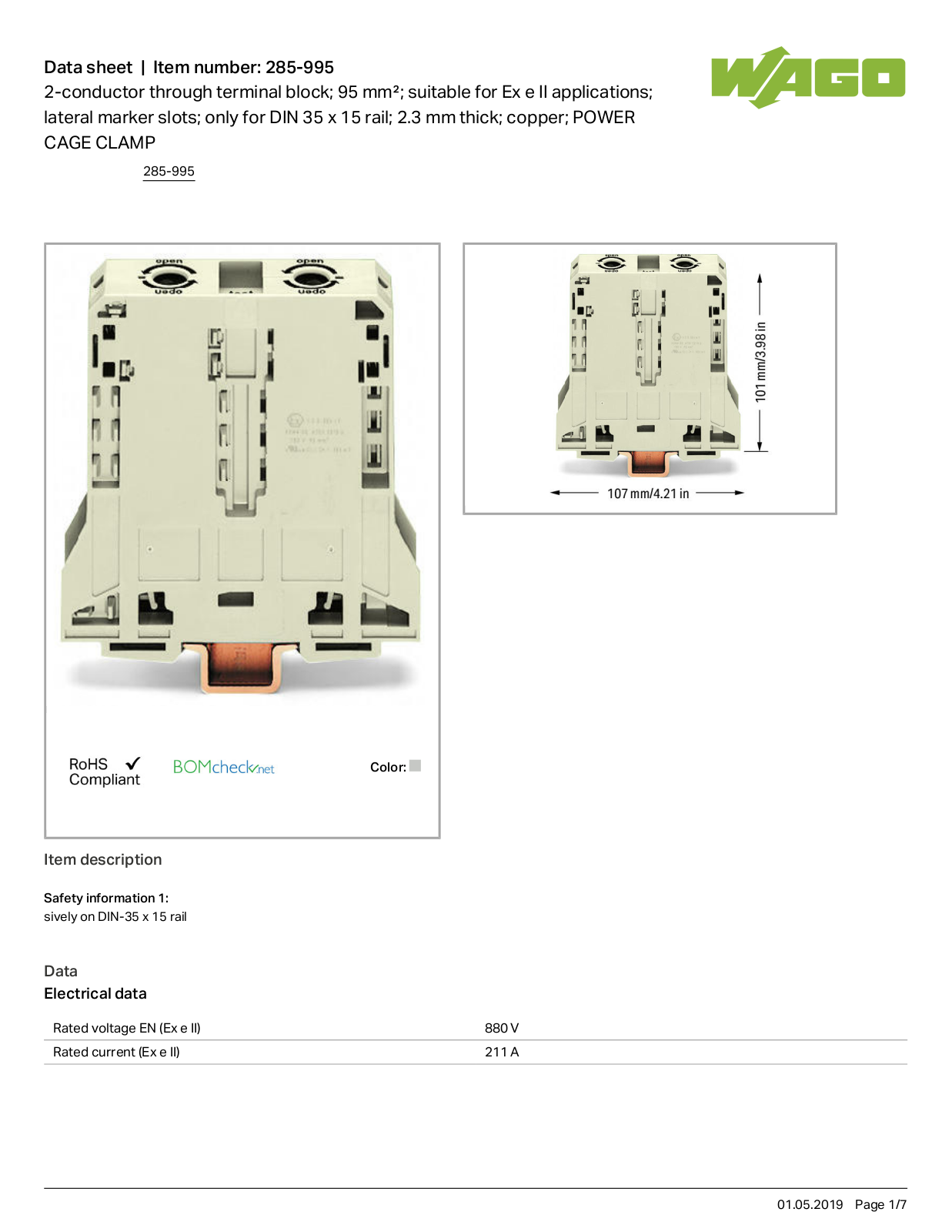 Wago 285-995 Data Sheet