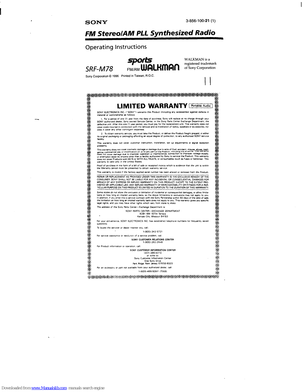 Sony Sports Walkman SRF-M78 Operating Instructions Manual