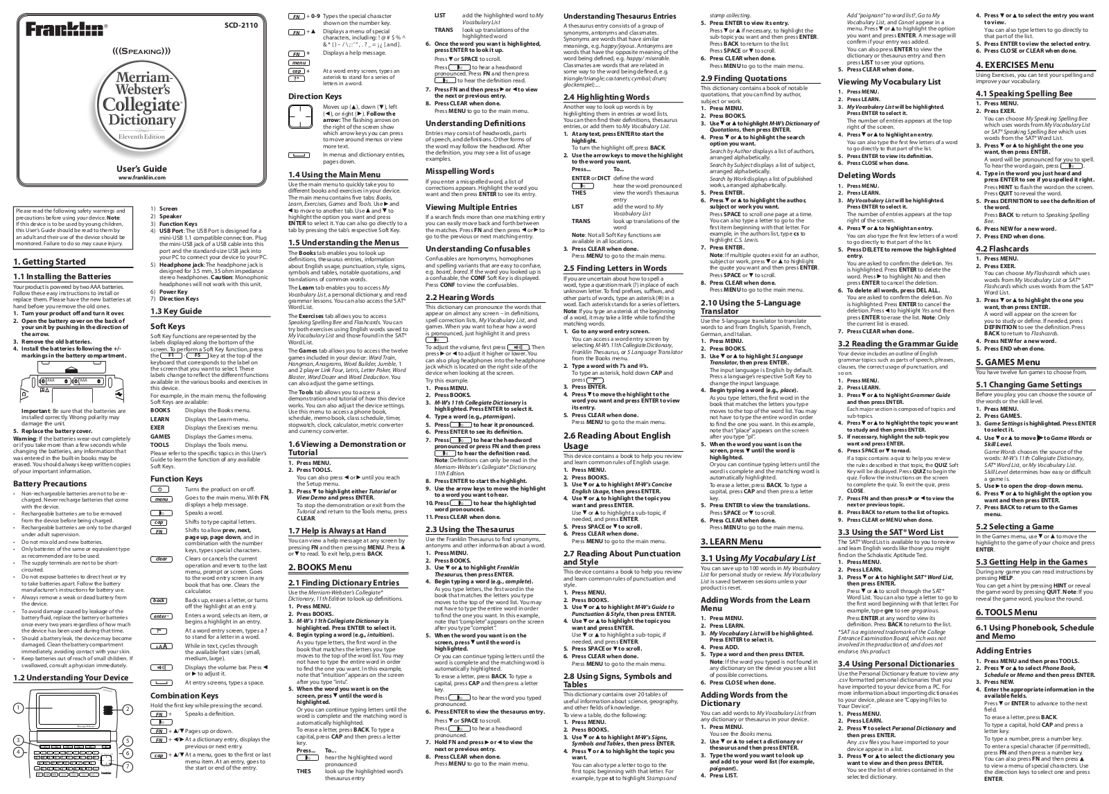 Franklin SES-28004-00, Merriam Webster's Collegiate Dictionary User Manual