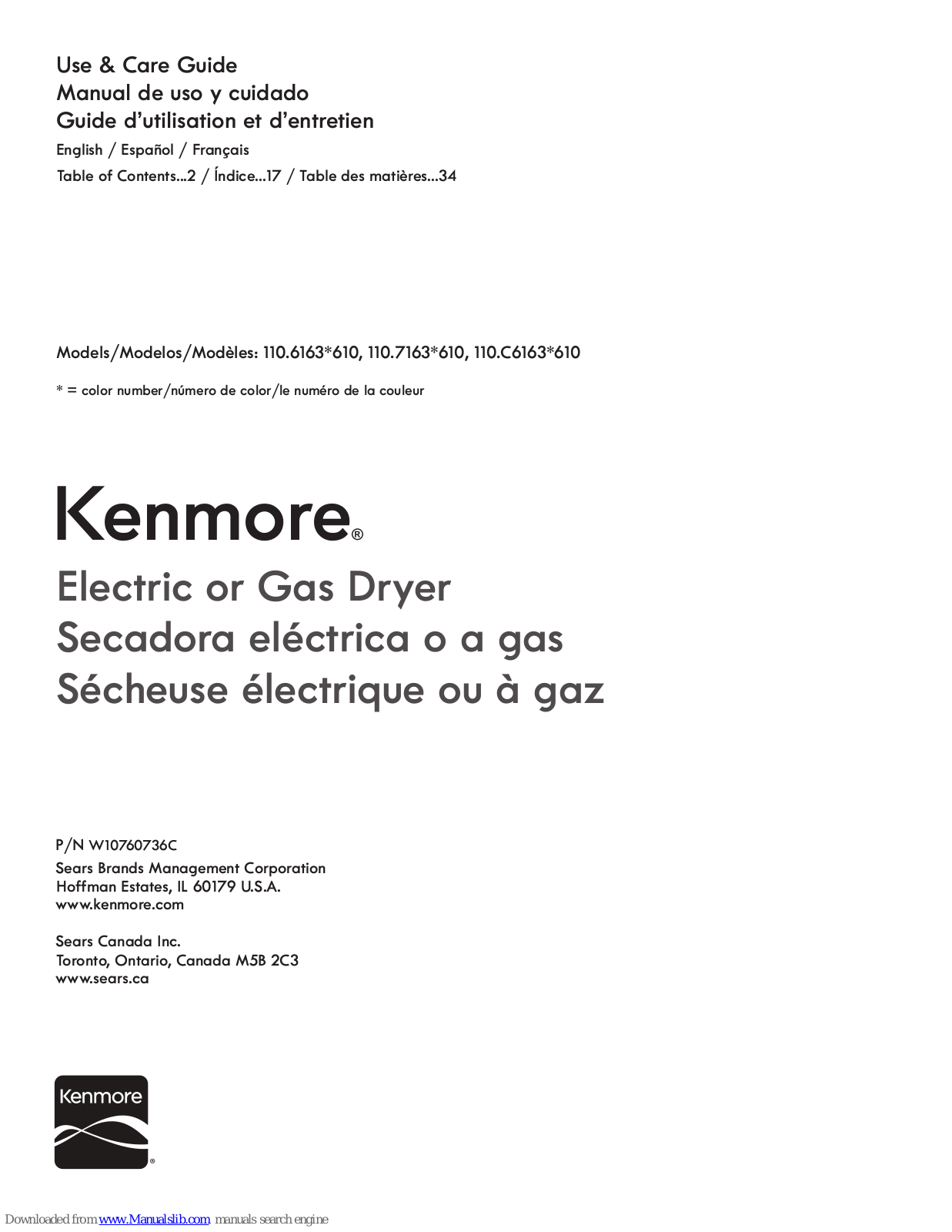 Kenmore 110.6163*610, 110.7163*610, 110.C6163*610 Use & Care Manual