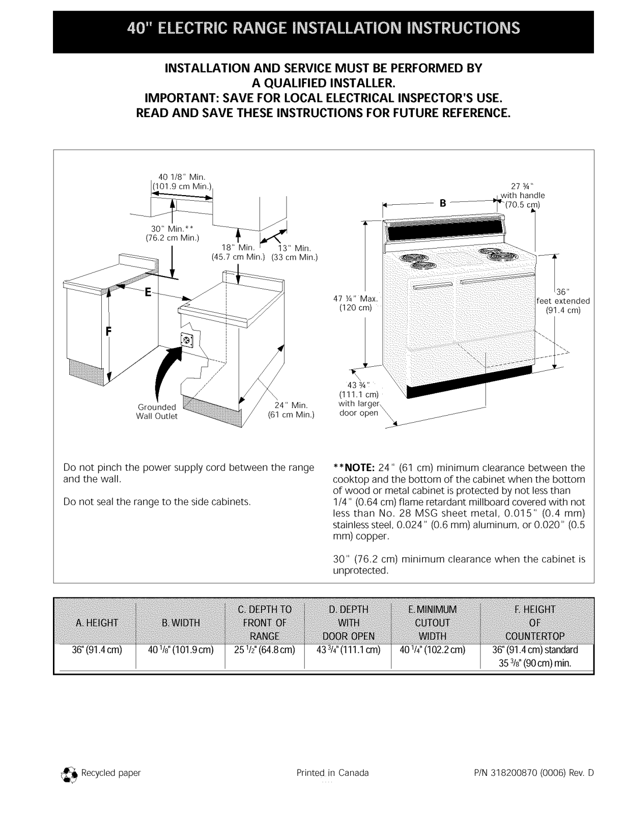 Frigidaire FEF402BWB, FEF450BWB, FEF455BBB Installation Guide - ManualMachine.com