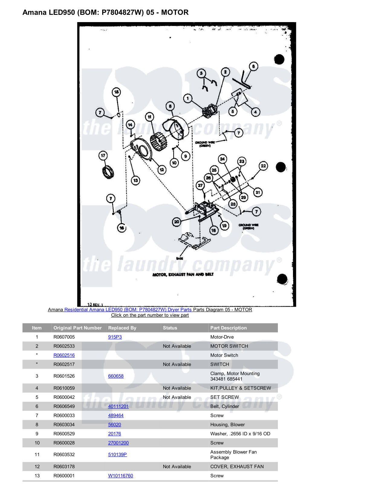 Amana LED950 Parts Diagram