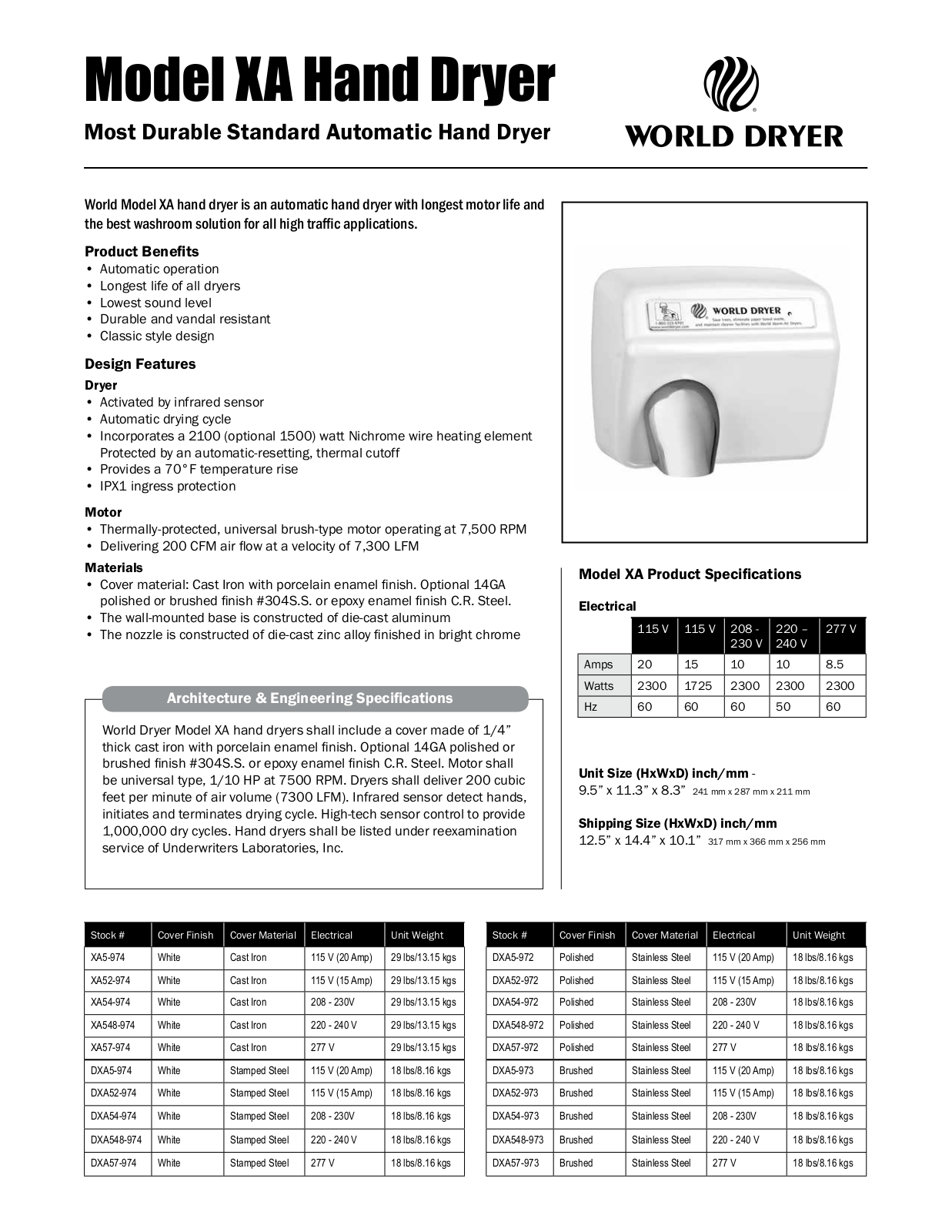 World Dryer XA User Manual