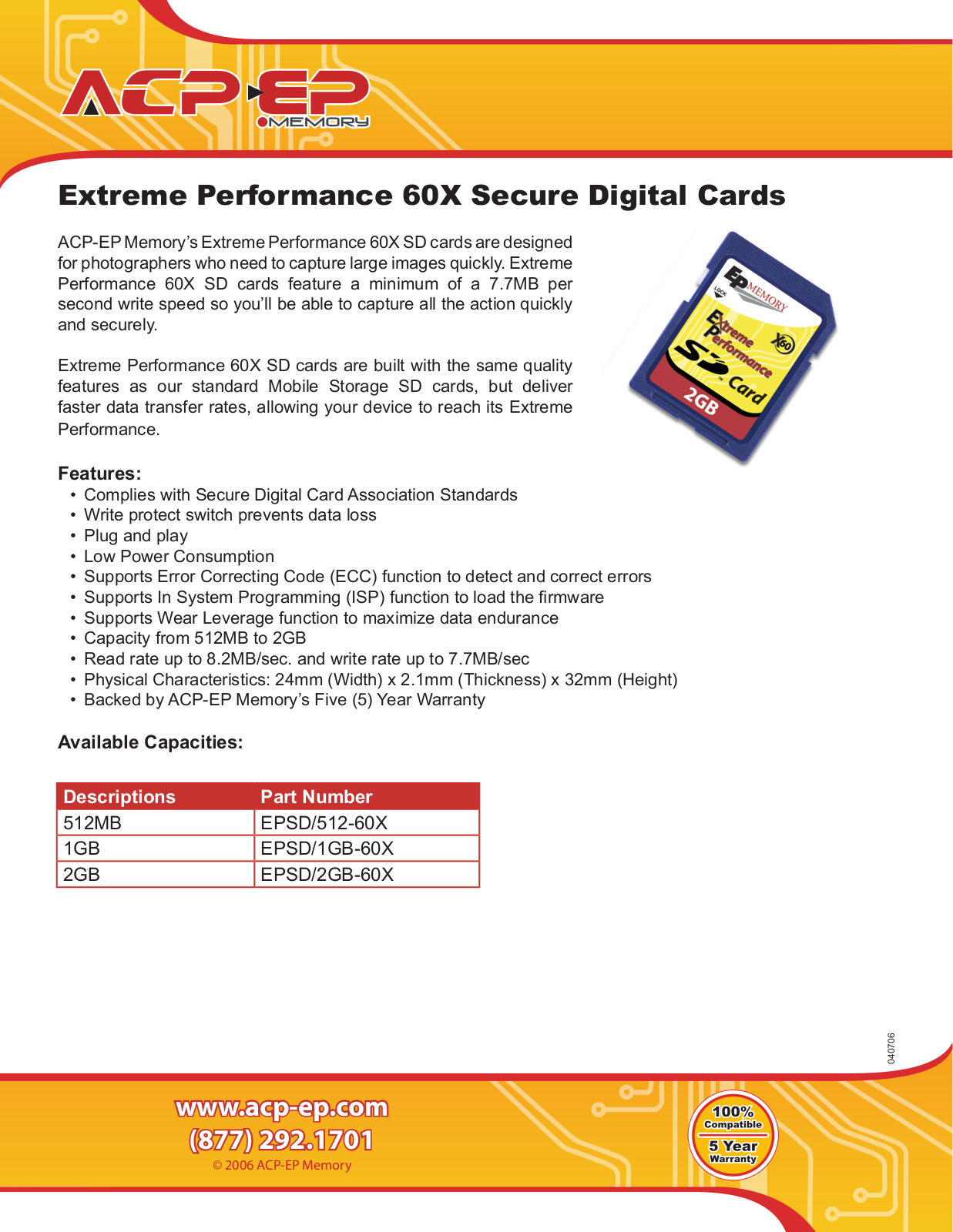 ACP-EP Memory EPSD-2GB-60X, Extreme Performance 60X, SD60X, EPSD-1GB-60X, EPSD-512-60X User Manual