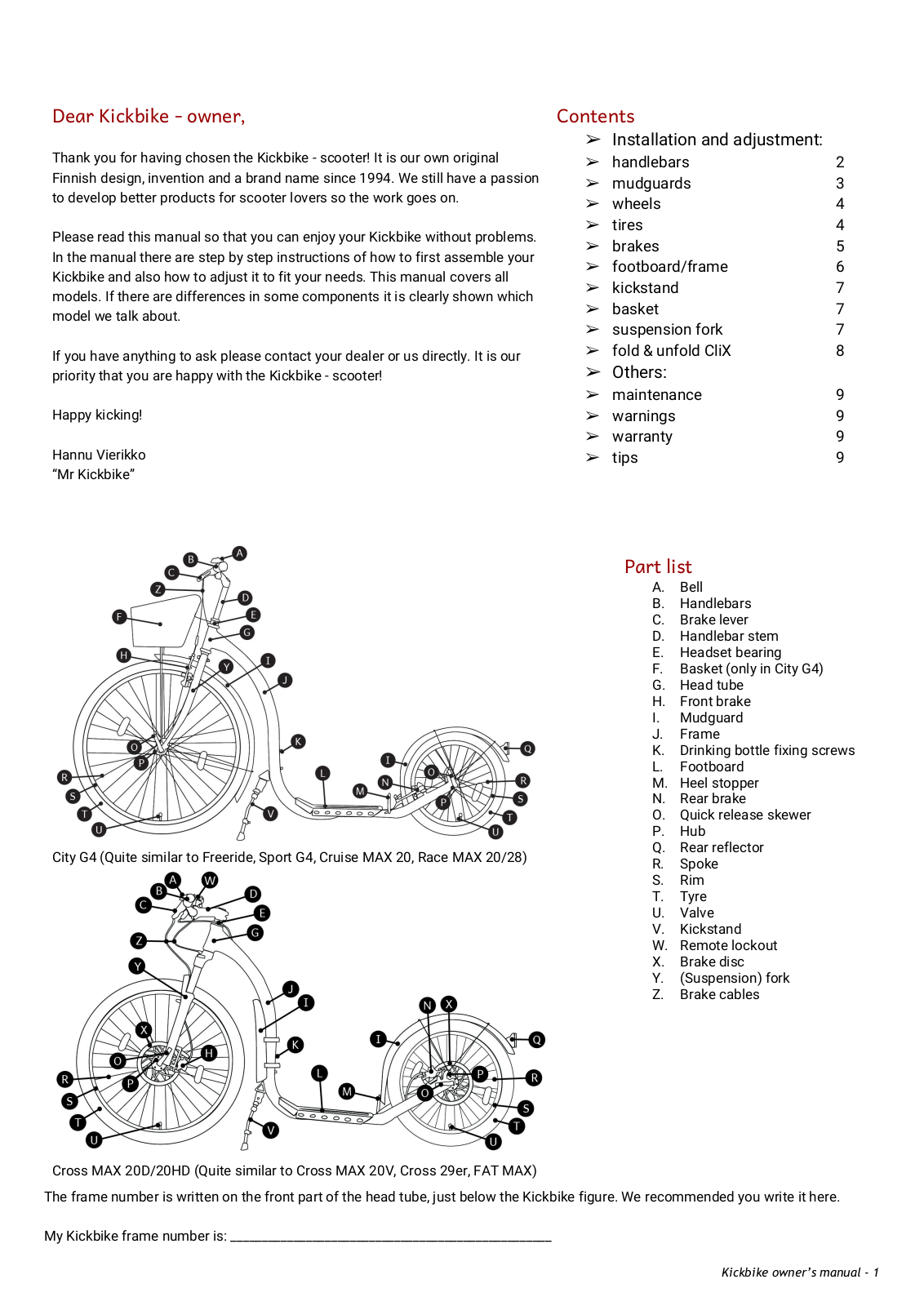 Kickbike Freeride, City G4, Sport G4, Cross MAX 20V, Race MAX 28 Owner's Manual