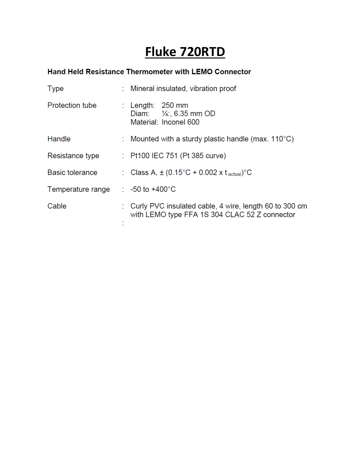 Fluke 720RTD Specifications