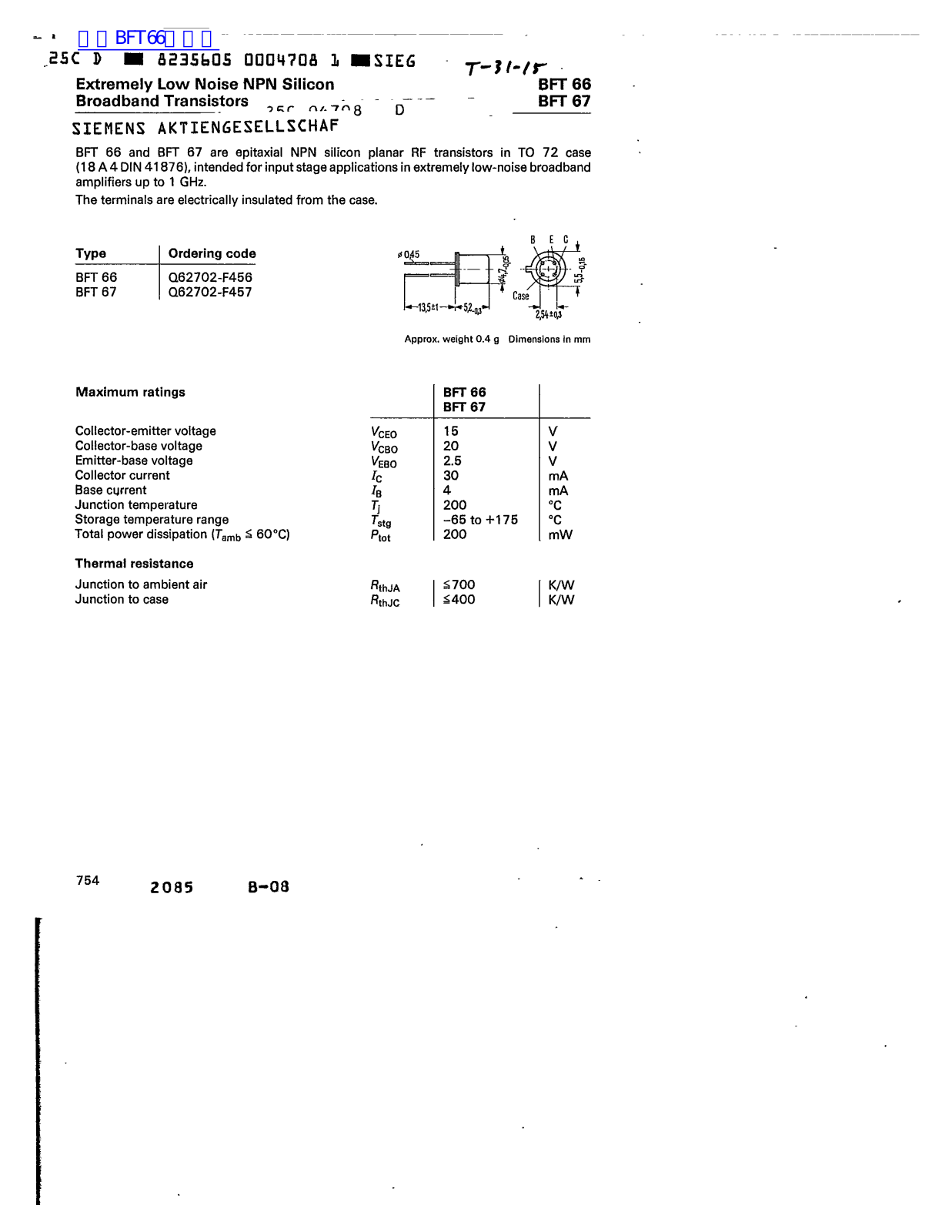 Siemens BFT 66, BFT 67 Technical data